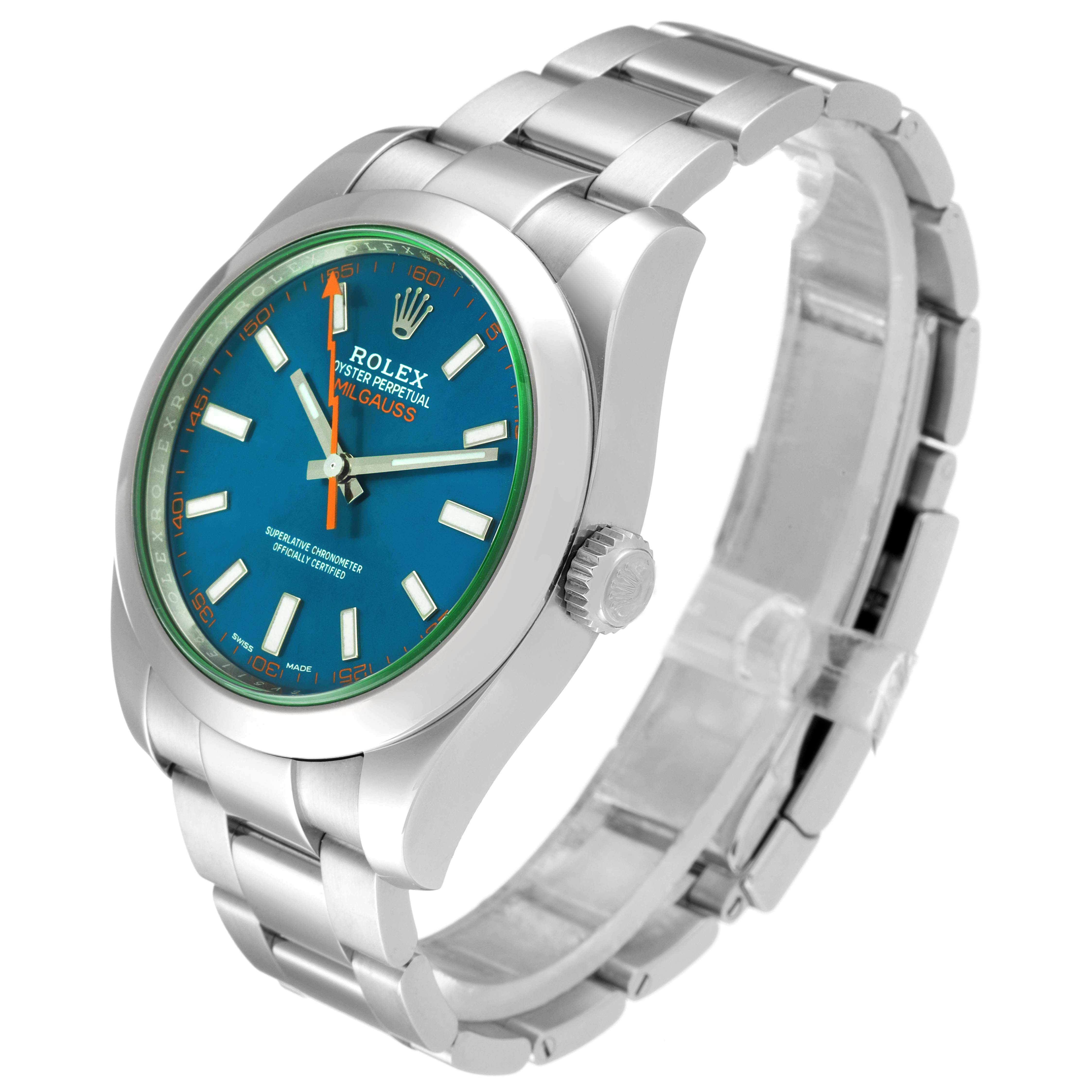 The Rolex Milgauss 116400GV Men's Stainless Steel Blue Dial 116400GV Men's Stainless Steel Blue Dial watch is shown at an angled view highlighting the dial, bezel, crown, and bracelet.