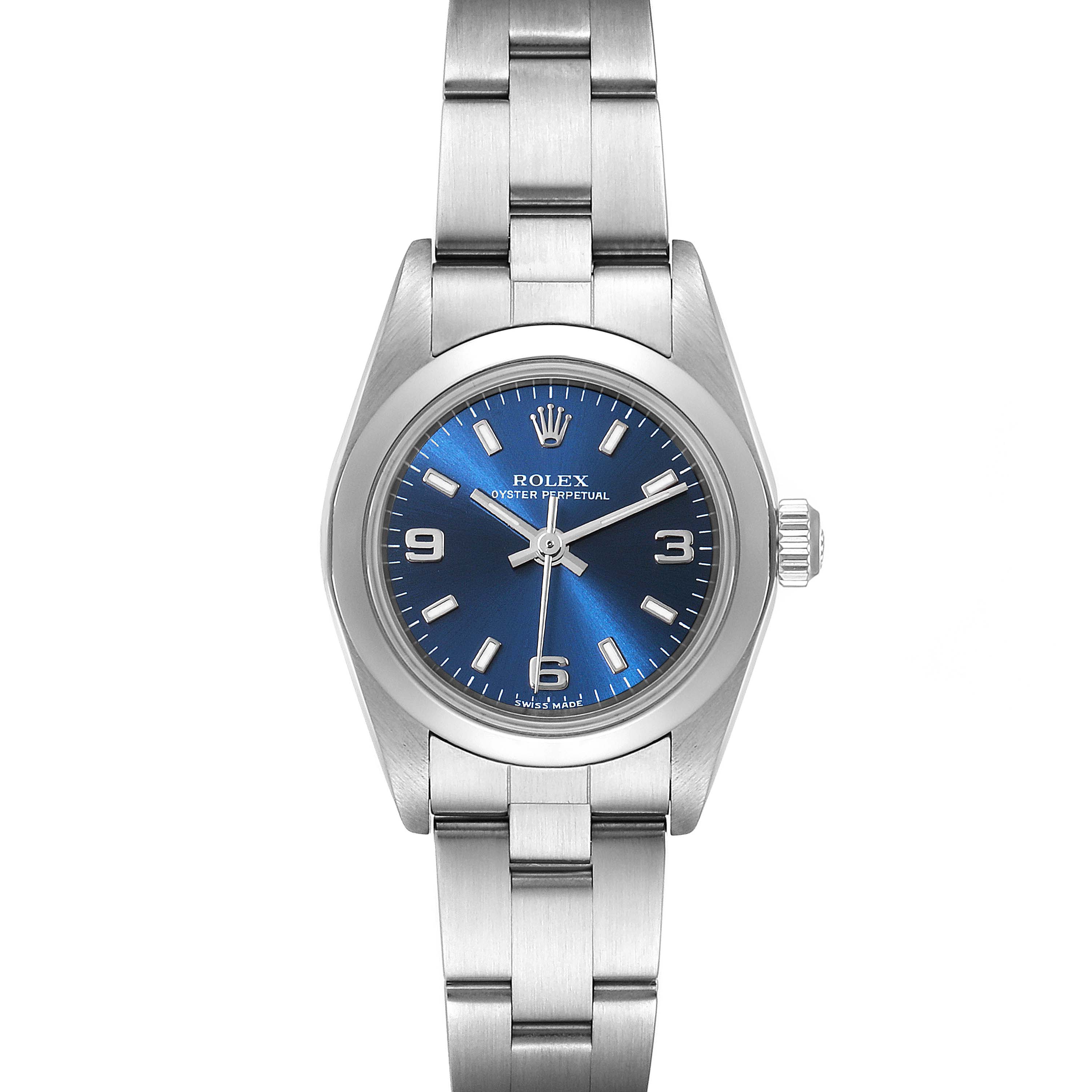 The image shows a front view of the Rolex Oyster Perpetual 76080 Women
s Stainless Steel Blue Dial 76080 Women
s Stainless Steel Blue Dial watch, highlighting its blue dial and stainless steel bracelet.