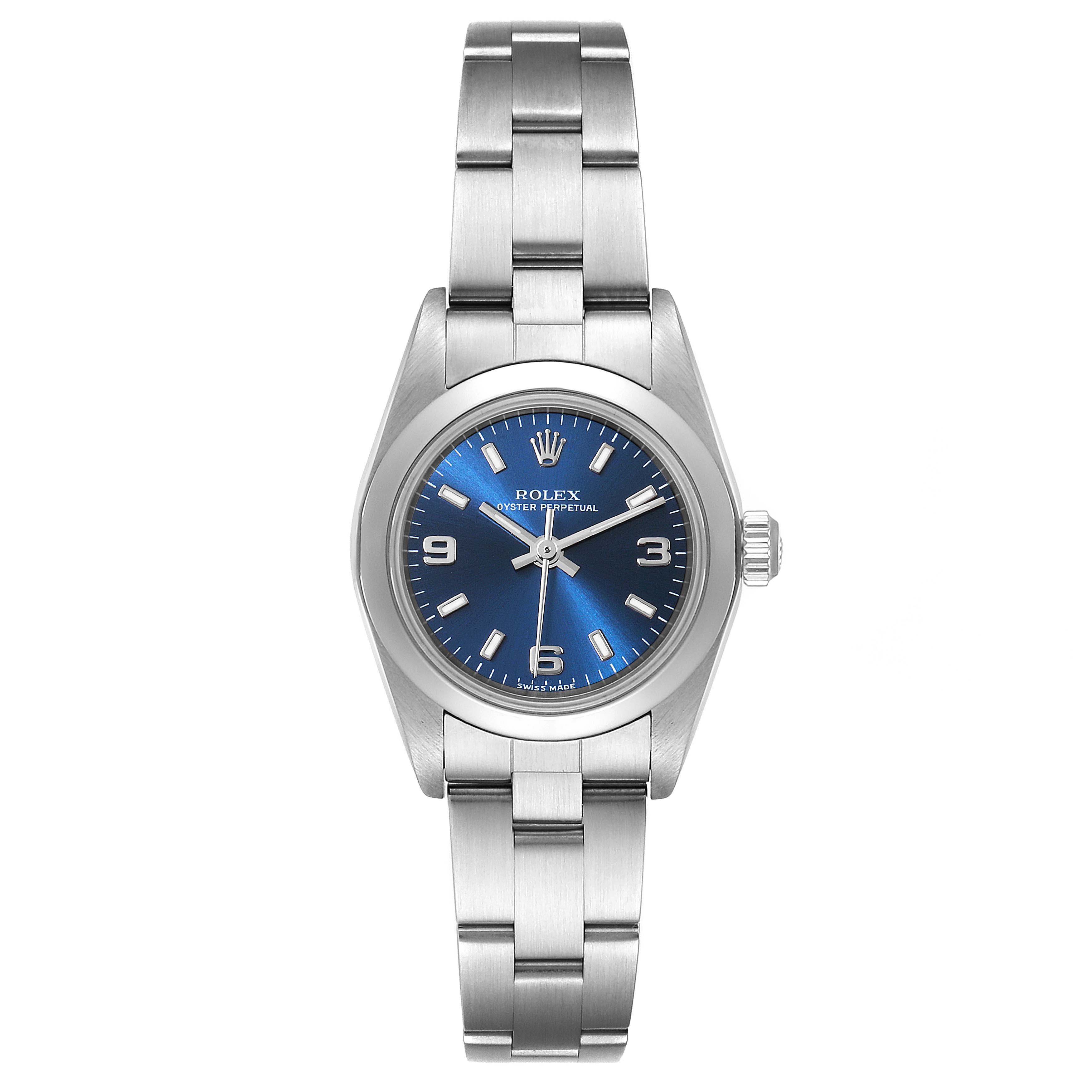 This image shows a front view of the Rolex Oyster Perpetual 76080 Women
s Stainless Steel Blue Dial 76080 Women
s Stainless Steel Blue Dial watch with a blue dial and stainless steel bracelet.