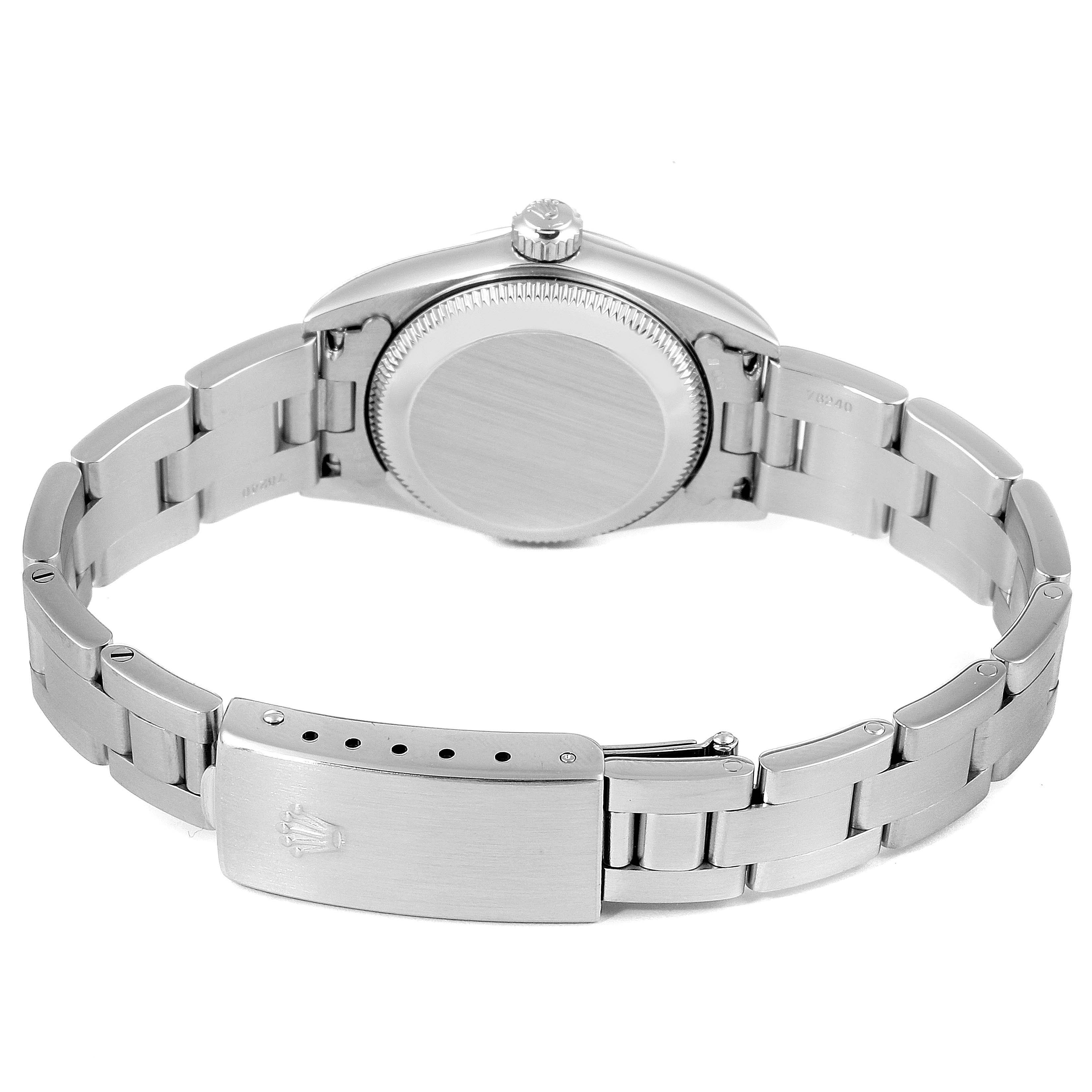 This image shows the backside and bracelet of the Rolex Oyster Perpetual 76080 Women
s Stainless Steel Blue Dial 76080 Women
s Stainless Steel Blue Dial watch, including the clasp and case back.