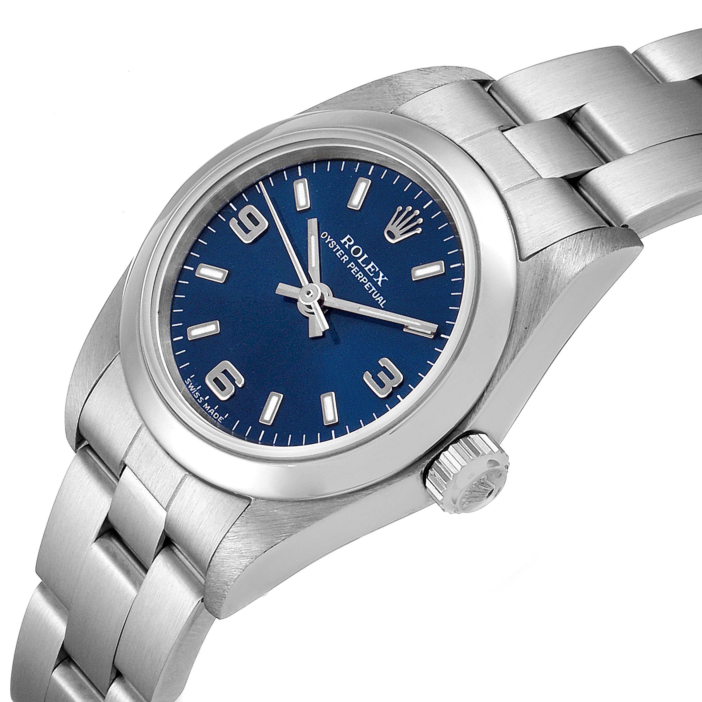 The Rolex Oyster Perpetual 76080 Women
s Stainless Steel Blue Dial 76080 Women
s Stainless Steel Blue Dial watch is shown from an angled side view, highlighting the dial, case, and bracelet.