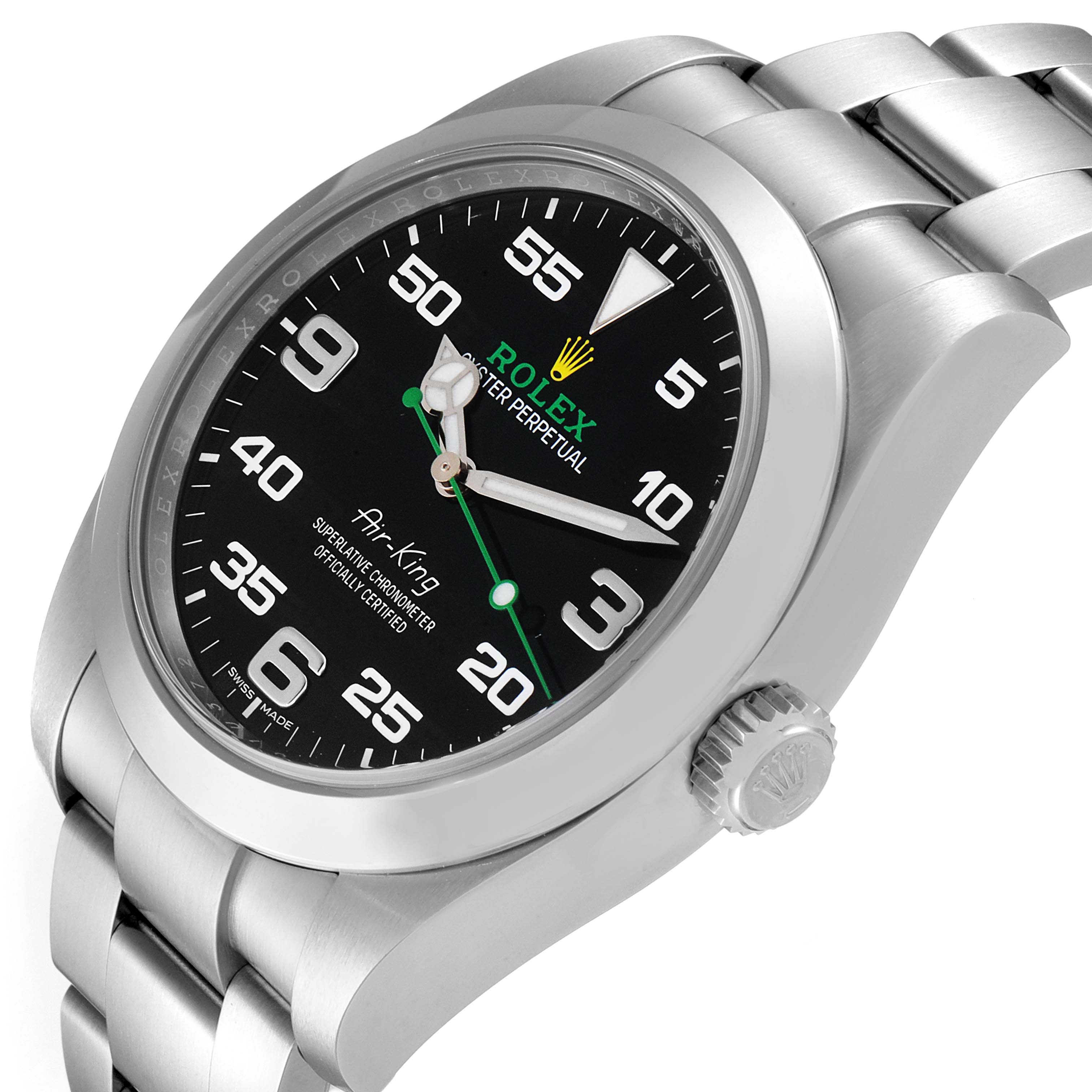 The image shows a side angle of a Rolex Air-King 116900 Men's Stainless Steel Black Dial 116900 Men's Stainless Steel Black Dial watch, highlighting the dial, crown, and part of the metal bracelet.