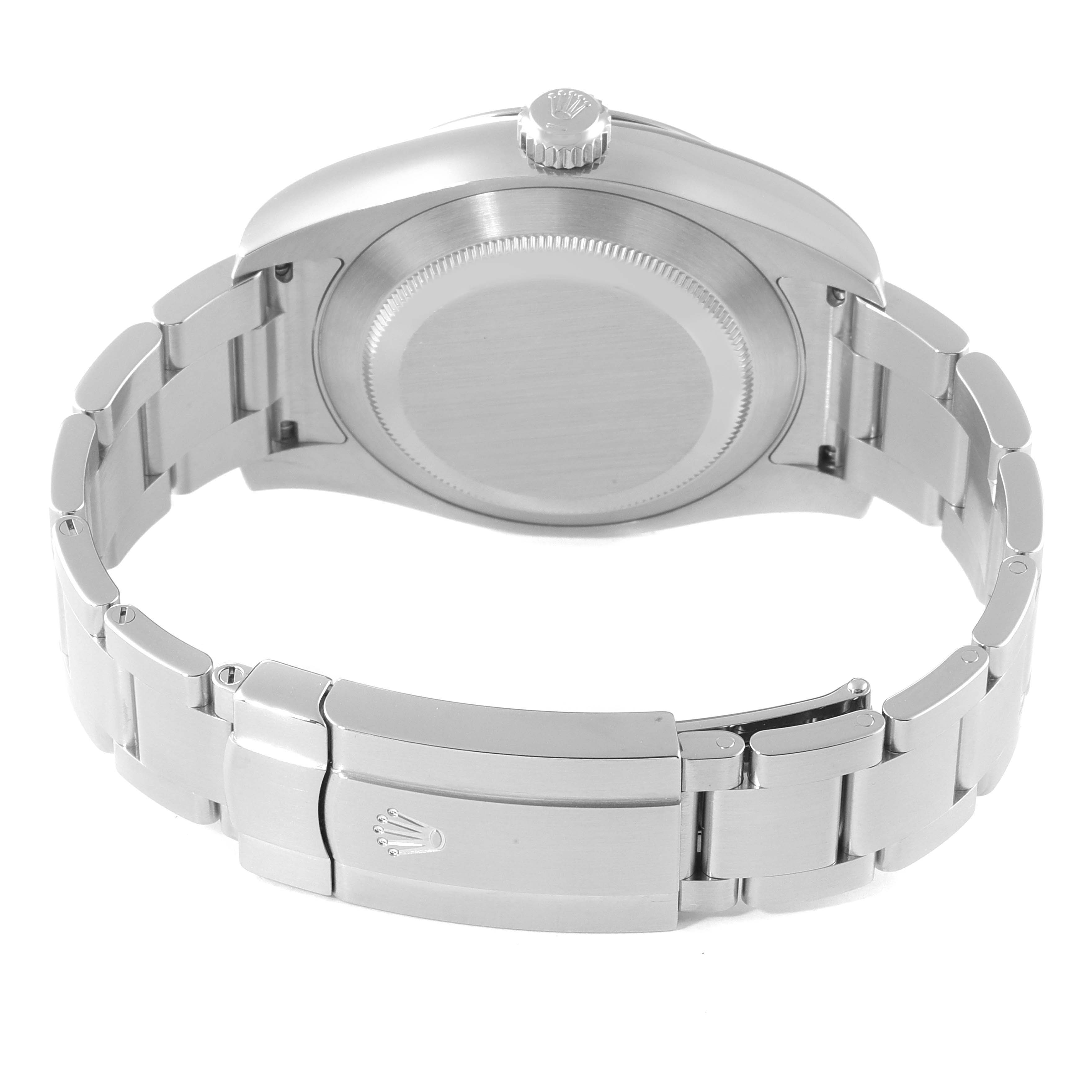 This image shows the back case, crown, and bracelet of a Rolex Air-King 116900 Men's Stainless Steel Black Dial 116900 Men's Stainless Steel Black Dial watch from a rear angle.