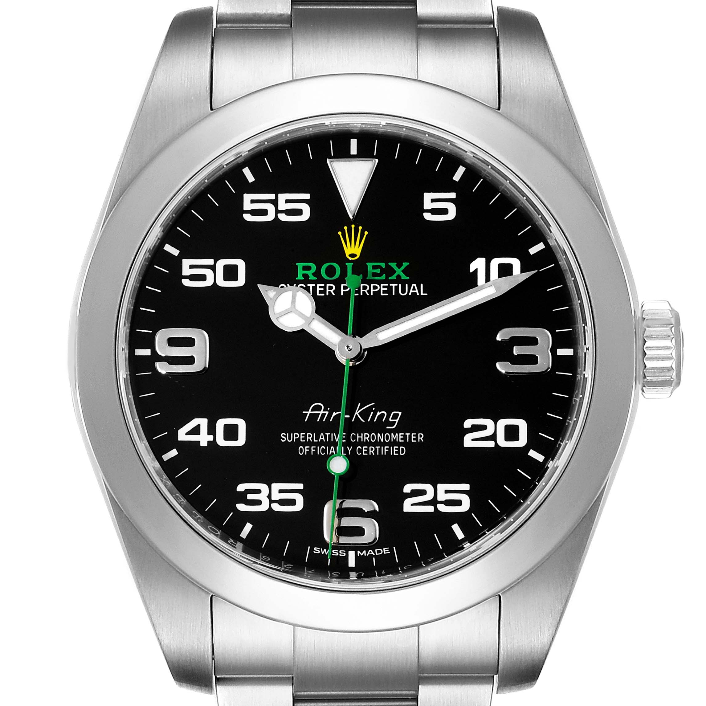 The image shows a front view of the Rolex Air-King 116900 Men's Stainless Steel Black Dial 116900 Men's Stainless Steel Black Dial watch, highlighting its face, bezel, and part of the bracelet.