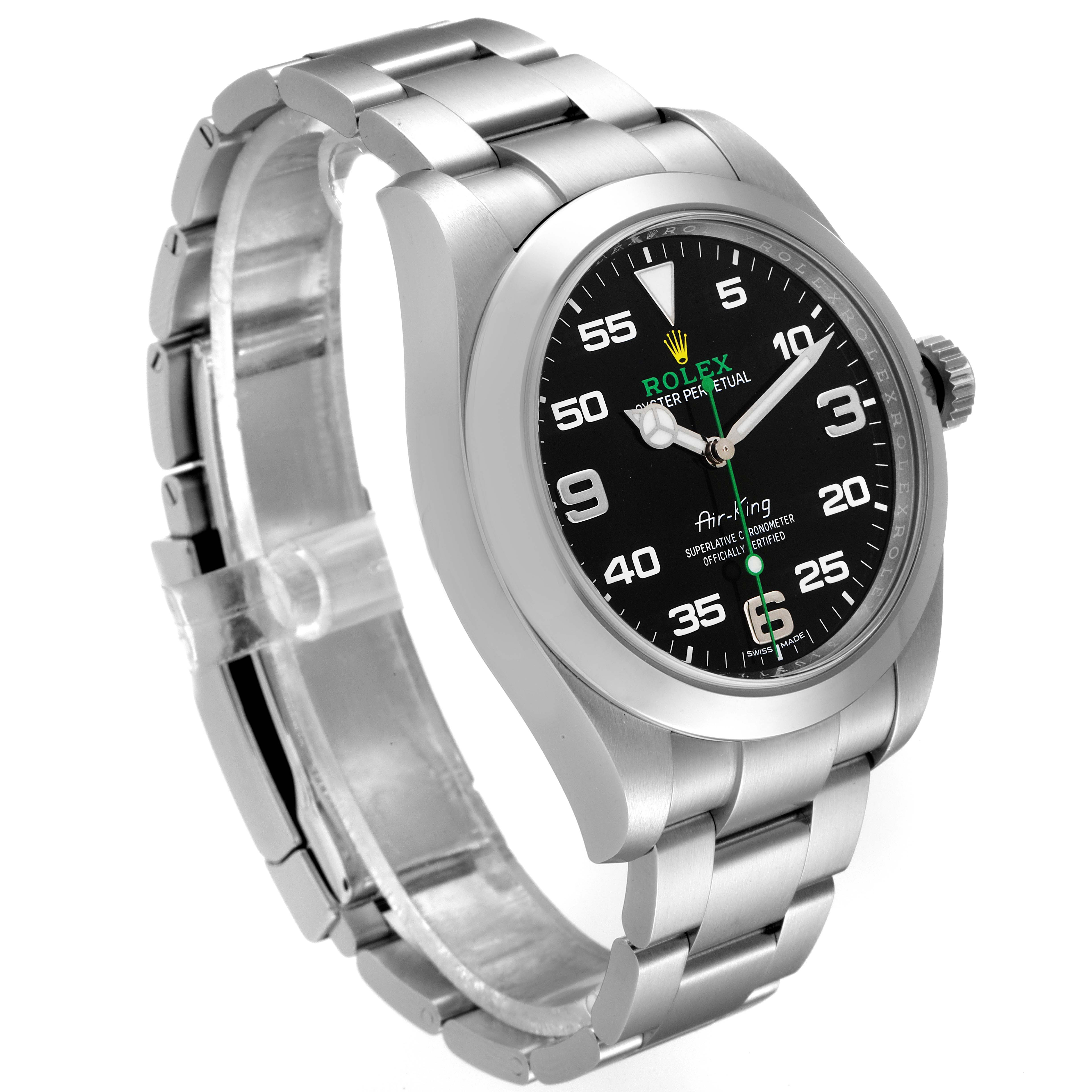 The image shows a Rolex Air-King 116900 Men's Stainless Steel Black Dial 116900 Men's Stainless Steel Black Dial watch from a three-quarter angle, highlighting the bracelet, case, dial, and crown.