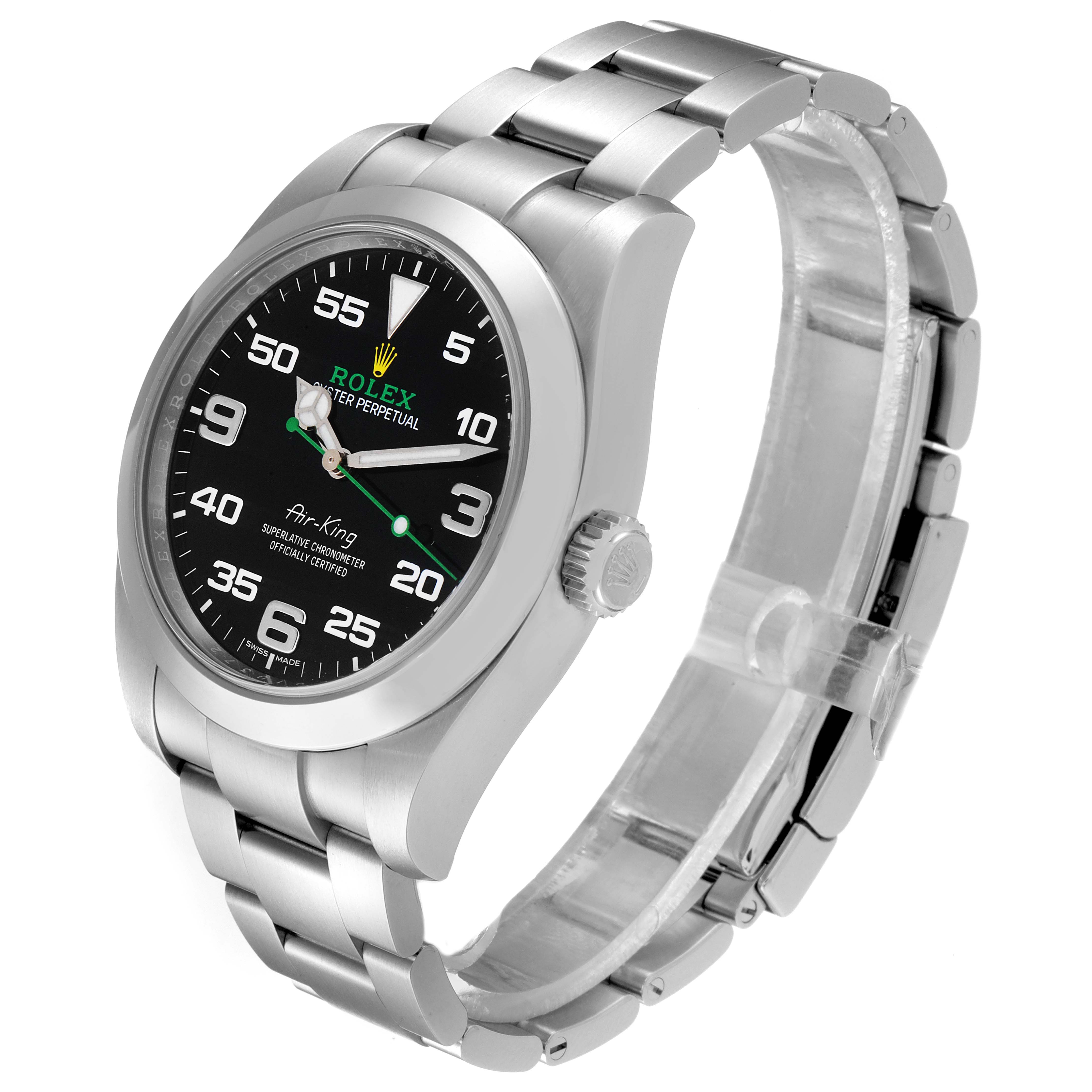 The image shows a Rolex Air-King 116900 Men's Stainless Steel Black Dial 116900 Men's Stainless Steel Black Dial watch at a three-quarter angle, featuring the face, bezel, crown, and part of the bracelet.