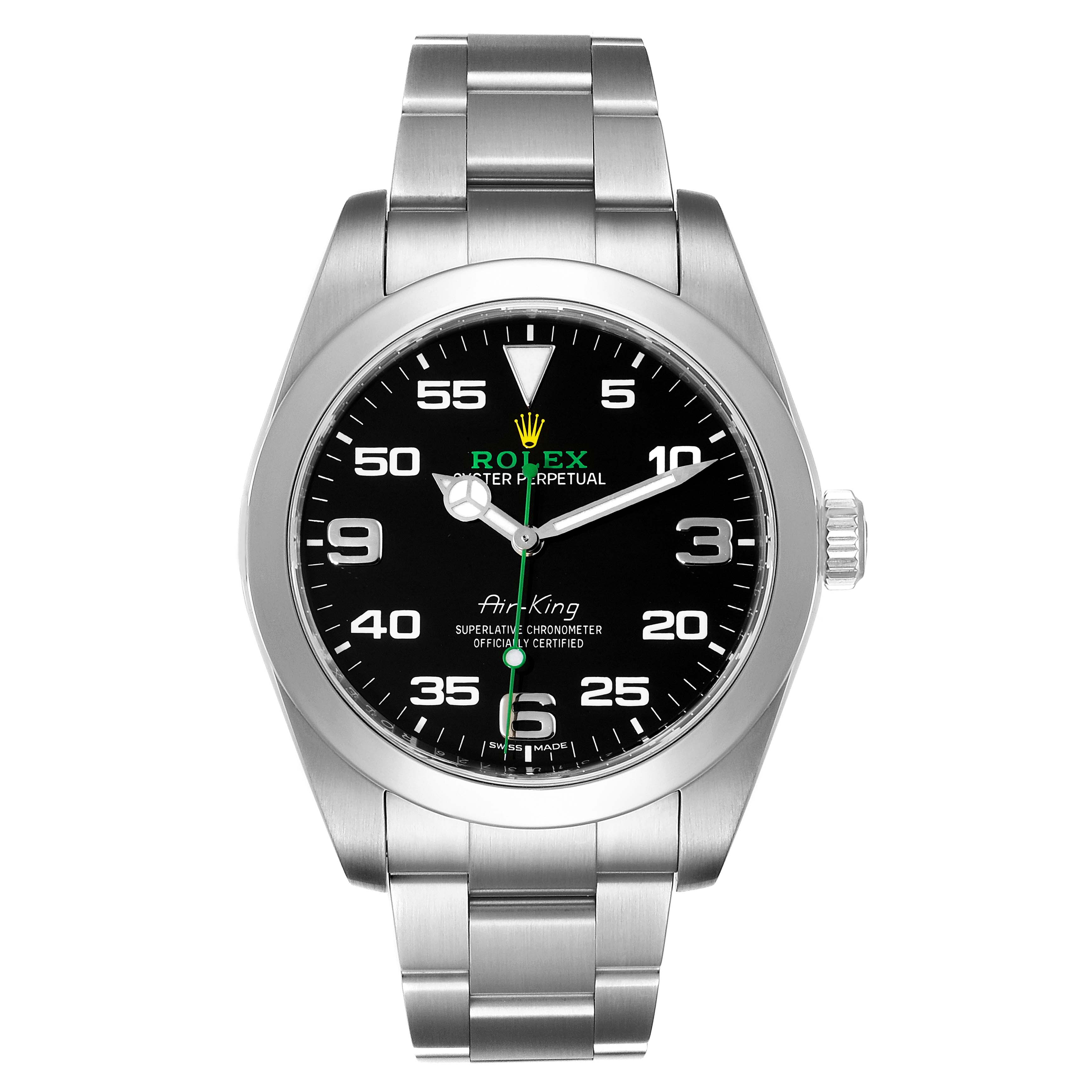 The image shows a Rolex Air-King 116900 Men's Stainless Steel Black Dial 116900 Men's Stainless Steel Black Dial watch viewed from the front, displaying the dial, bezel, crown, and bracelet.