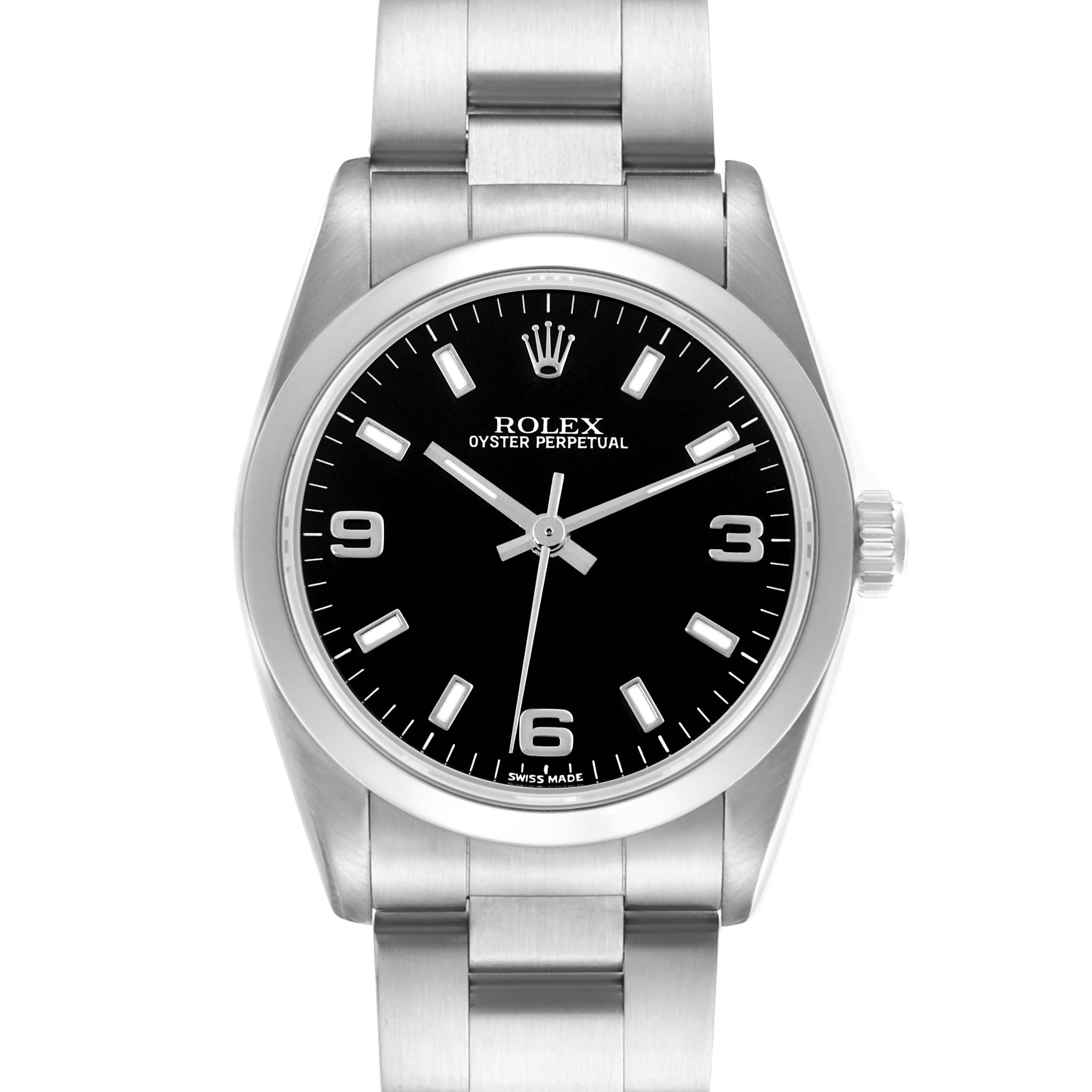 The Rolex Mid-Size 67480 Women's Stainless Steel Black Dial 67480 Women's Stainless Steel Black Dial model is shown from a front angle, displaying the dial, bezel, and part of the bracelet.