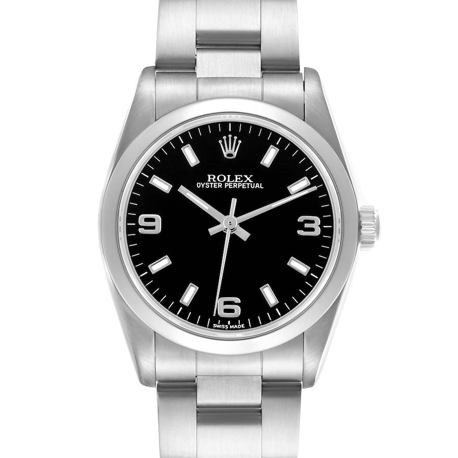 The Rolex Mid-Size model is shown from a front angle, displaying the dial, bezel, and part of the bracelet.