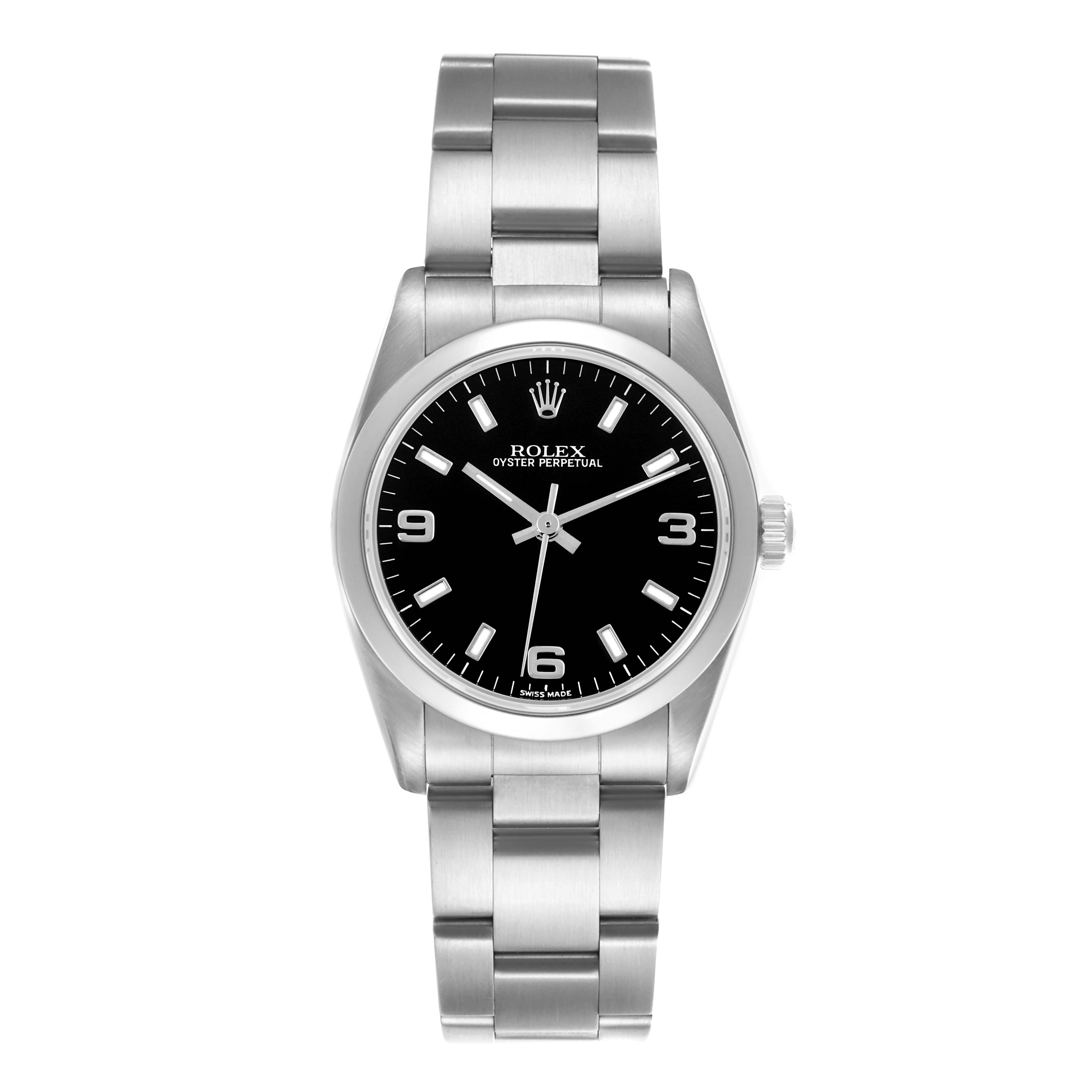 The Rolex Mid-Size 67480 Women's Stainless Steel Black Dial 67480 Women's Stainless Steel Black Dial watch is shown from a top view, displaying the full bracelet, bezel, dial, and crown.