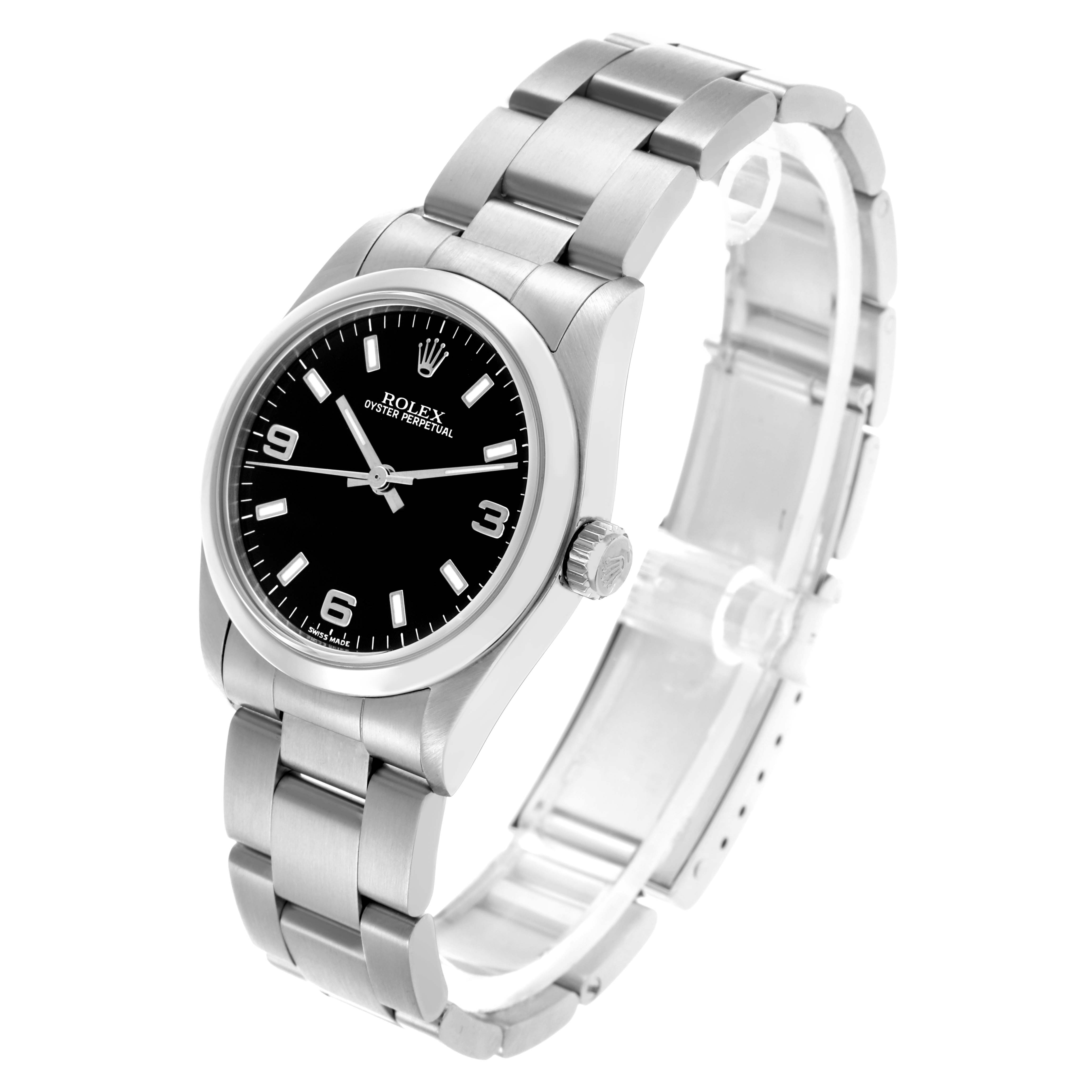 The Rolex Mid-Size 67480 Women's Stainless Steel Black Dial 67480 Women's Stainless Steel Black Dial watch is shown at a slight angle, displaying its face, bezel, crown, and bracelet.