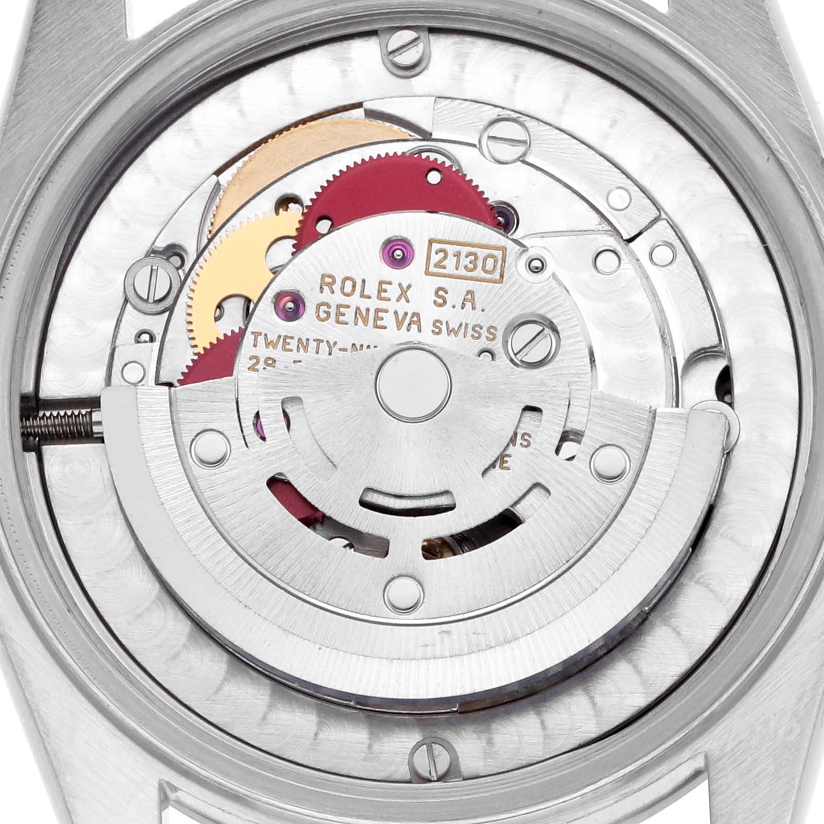 This image shows the movement mechanism of a Rolex Mid-Size 67480 Women's Stainless Steel Black Dial 67480 Women's Stainless Steel Black Dial watch from a close-up, top-down angle.