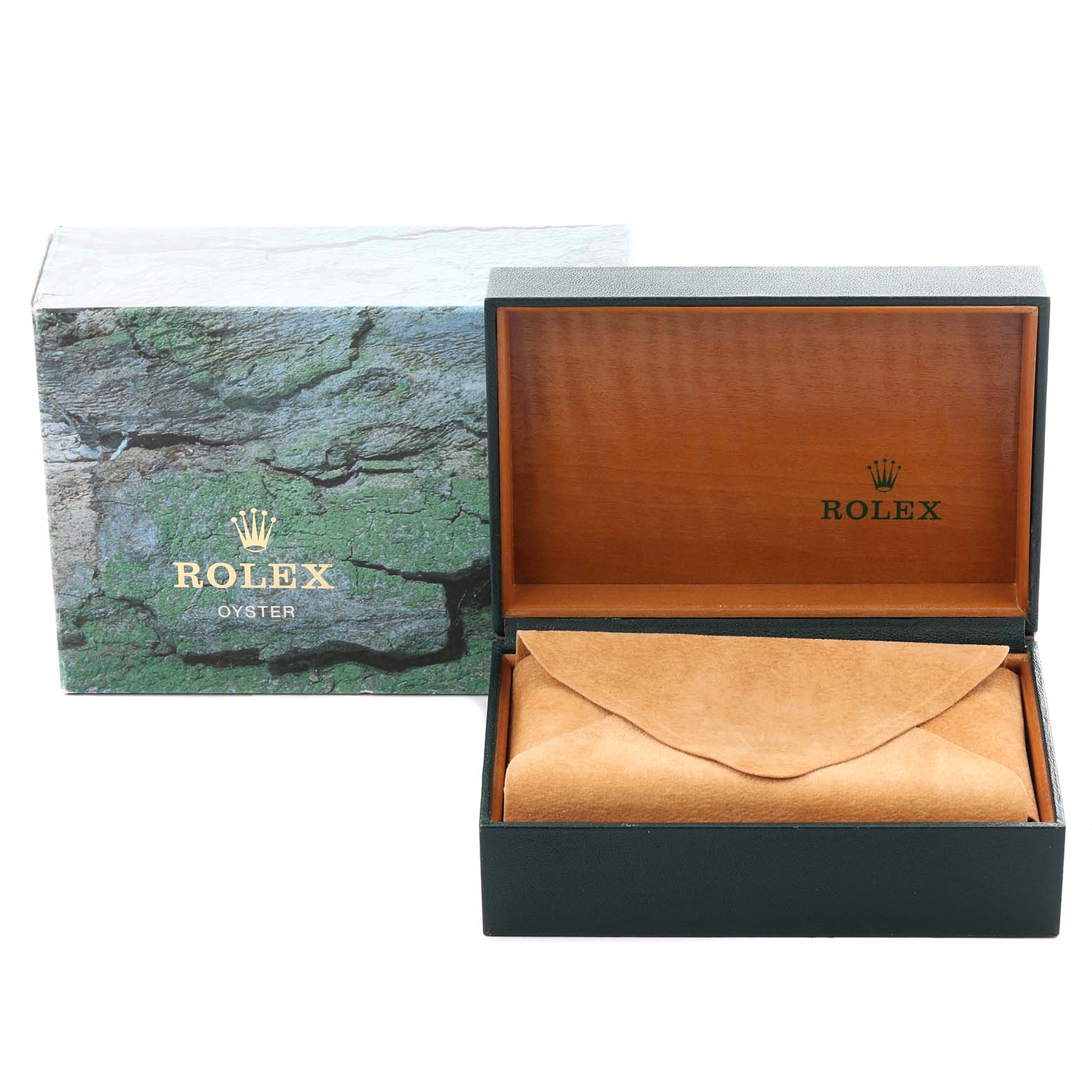 The image shows a Rolex Mid-Size 67480 Women's Stainless Steel Black Dial 67480 Women's Stainless Steel Black Dial watch box, open, with a suede pouch inside, and the outer box beside it.