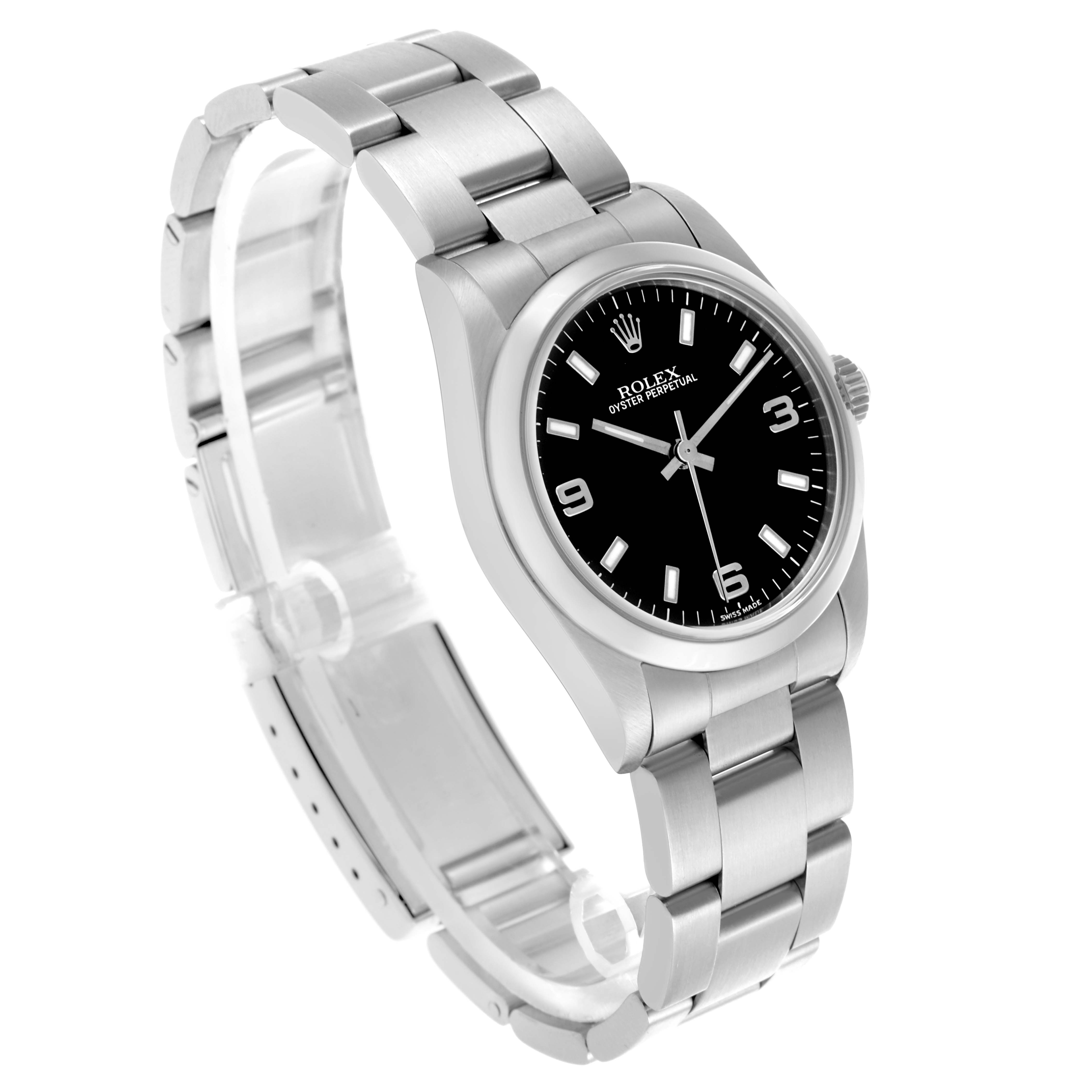 The Rolex Mid-Size 67480 Women's Stainless Steel Black Dial 67480 Women's Stainless Steel Black Dial watch is angled to show the bracelet, bezel, and face, highlighting its black dial and silver elements.