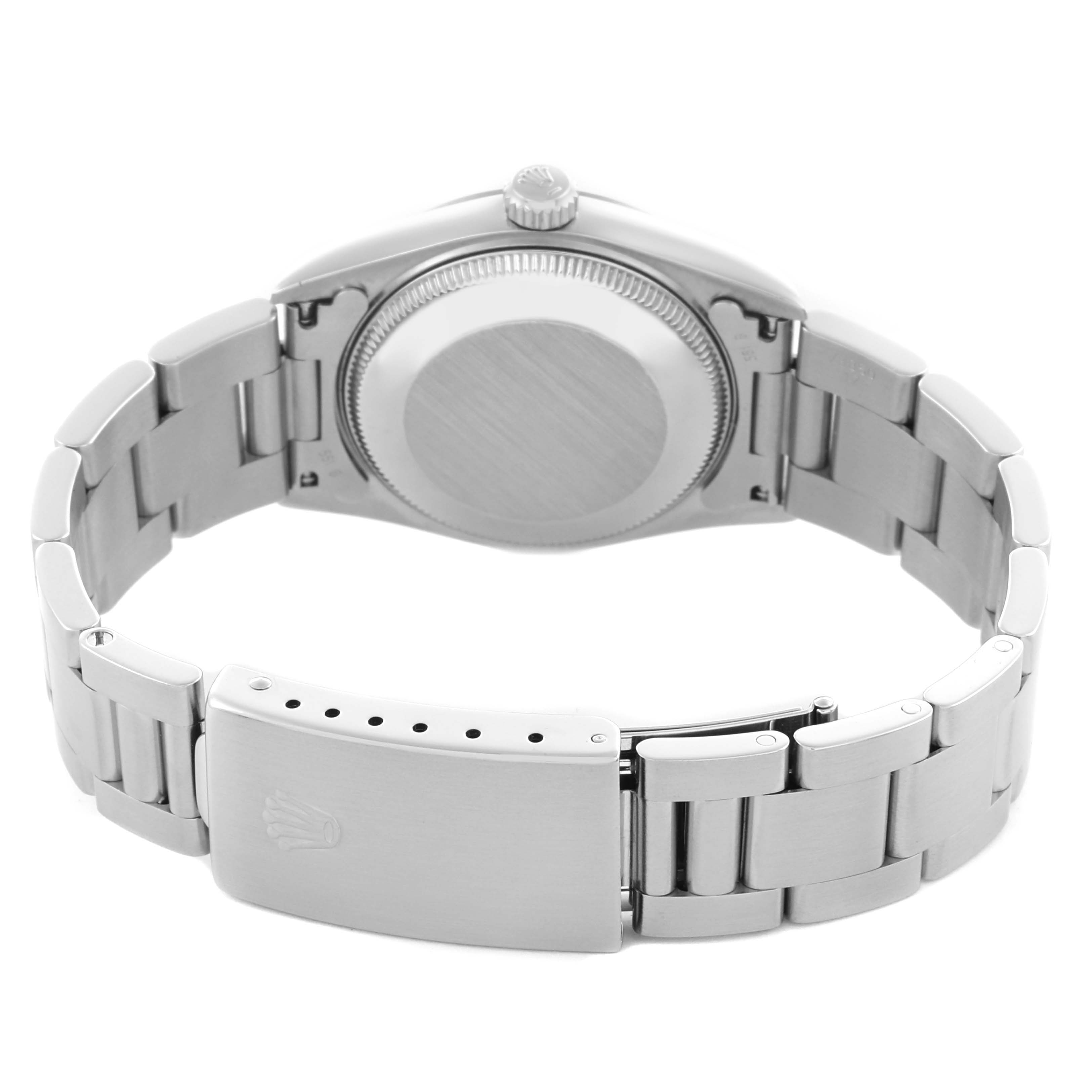 The image shows the back case and clasp of a Rolex Mid-Size 67480 Women's Stainless Steel Black Dial 67480 Women's Stainless Steel Black Dial model watch.