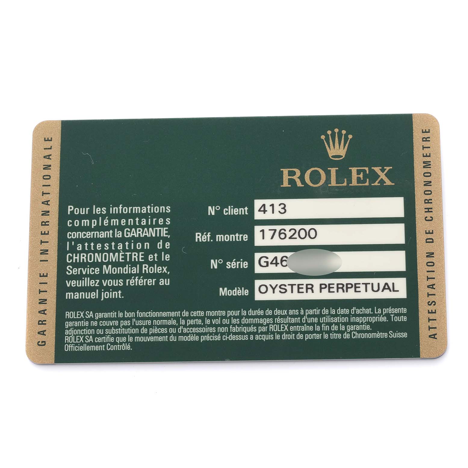 The image shows a Rolex warranty card for the Oyster Perpetual model with client, reference, and serial numbers.