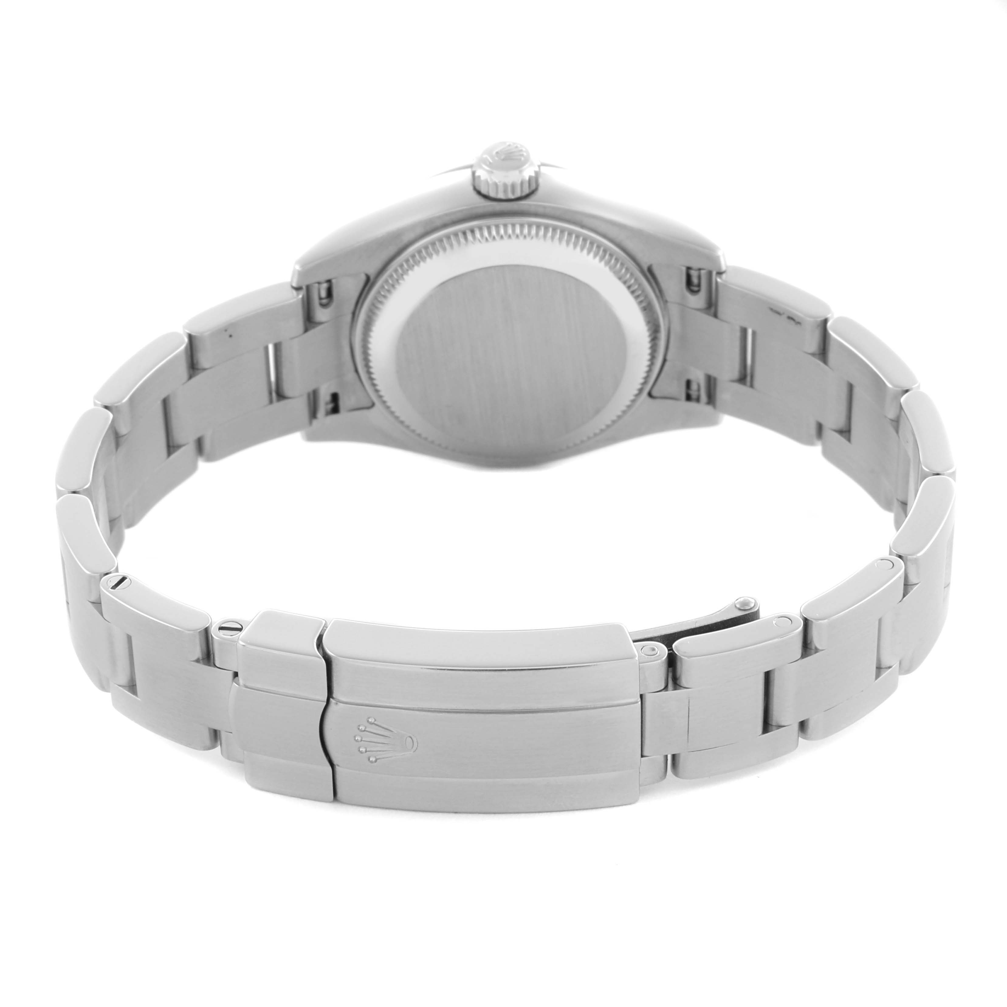 The image shows the back of a Rolex Oyster Perpetual 176200 Women's Stainless Steel Pink Dial 176200 Women's Stainless Steel Pink Dial watch, highlighting the bracelet, clasp, and case back at an angle.