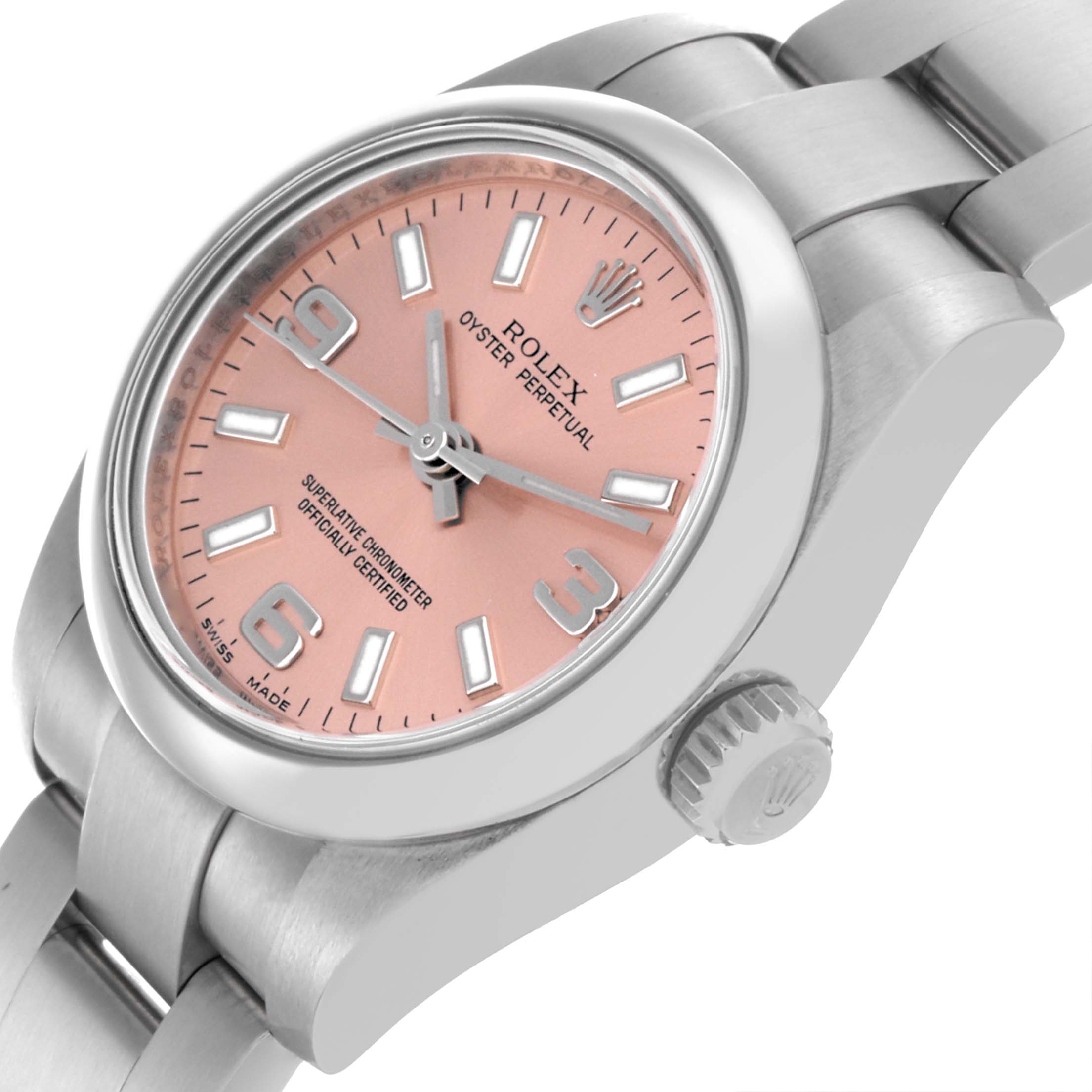 The image shows a Rolex Oyster Perpetual 176200 Women's Stainless Steel Pink Dial 176200 Women's Stainless Steel Pink Dial watch at a side angle, highlighting the dial, crown, and part of the bracelet.