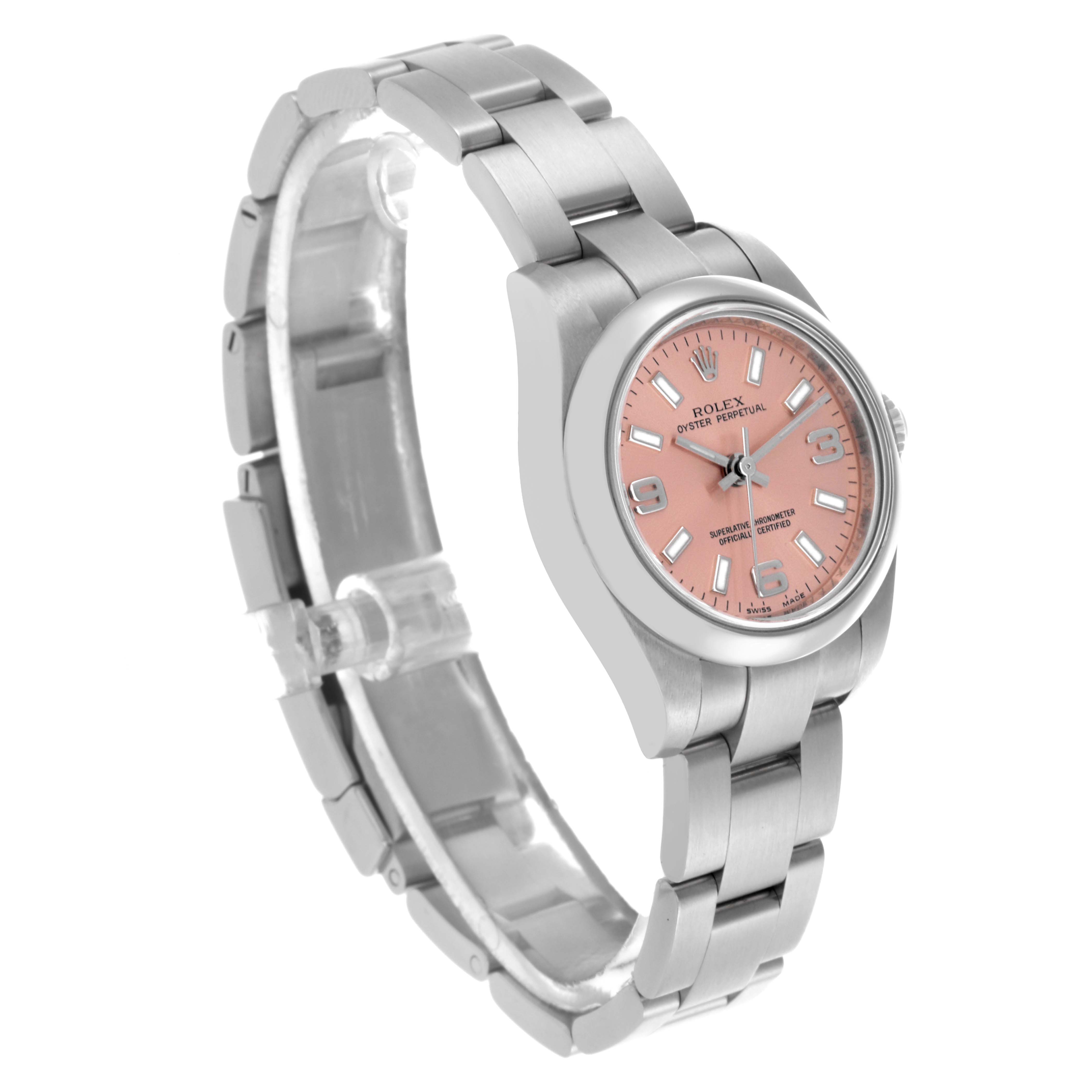 The Rolex Oyster Perpetual 176200 Women's Stainless Steel Pink Dial 176200 Women's Stainless Steel Pink Dial watch is shown at a three-quarter angle, highlighting the bracelet, case, and salmon-colored dial.