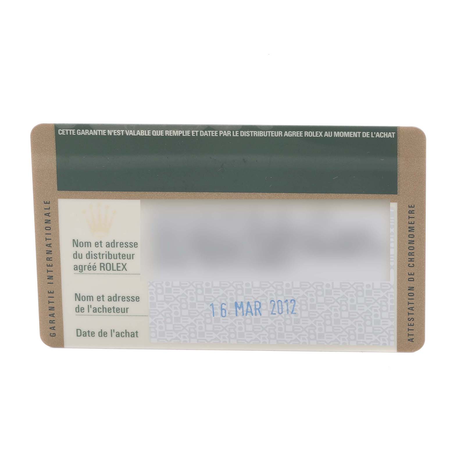 The image shows the warranty card for a Rolex Oyster Perpetual 176200 Women's Stainless Steel Pink Dial 176200 Women's Stainless Steel Pink Dial watch, displaying sections for purchase details.