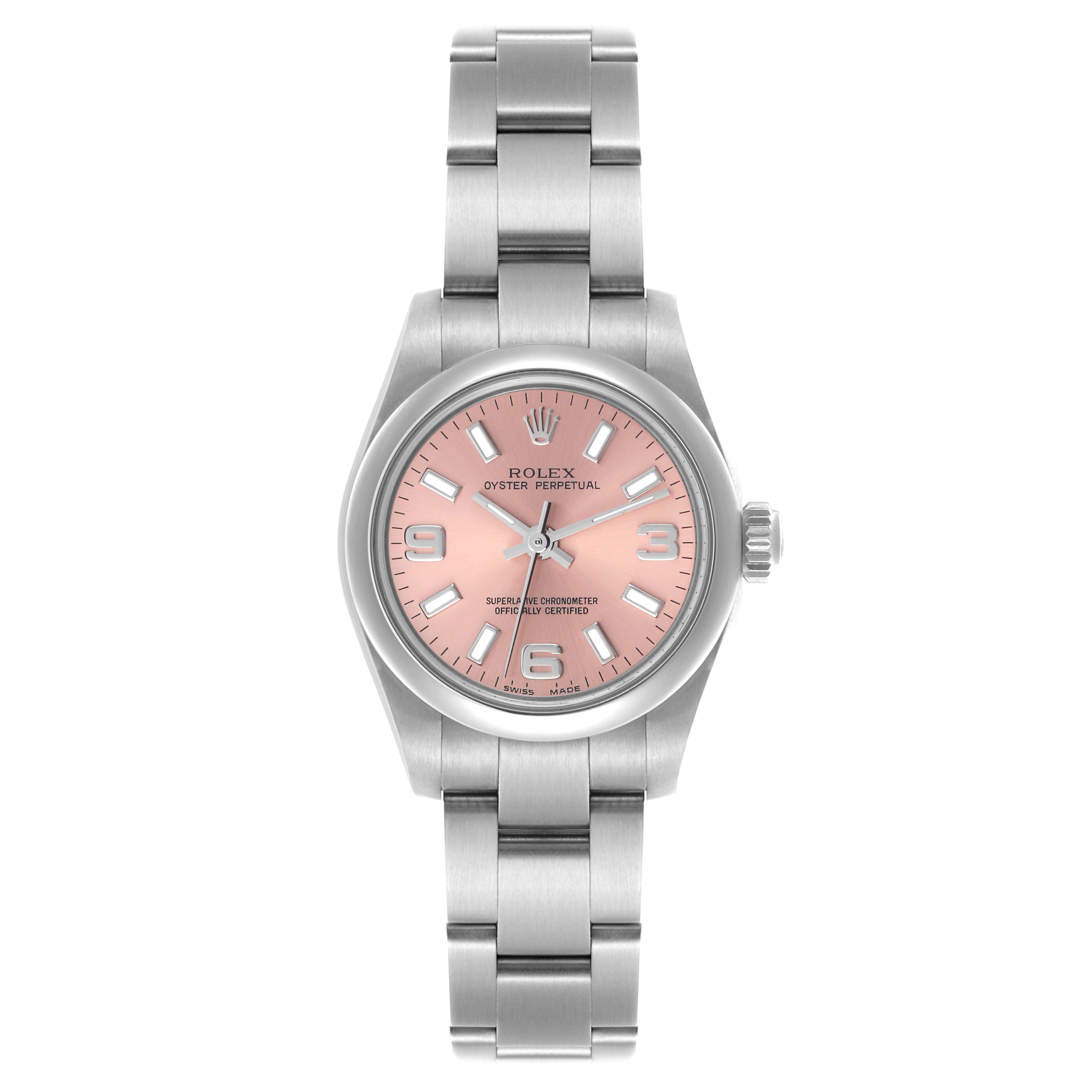 The Rolex Oyster Perpetual 176200 Women's Stainless Steel Pink Dial 176200 Women's Stainless Steel Pink Dial model is shown from a front angle, highlighting the dial, bezel, bracelet, and crown.
