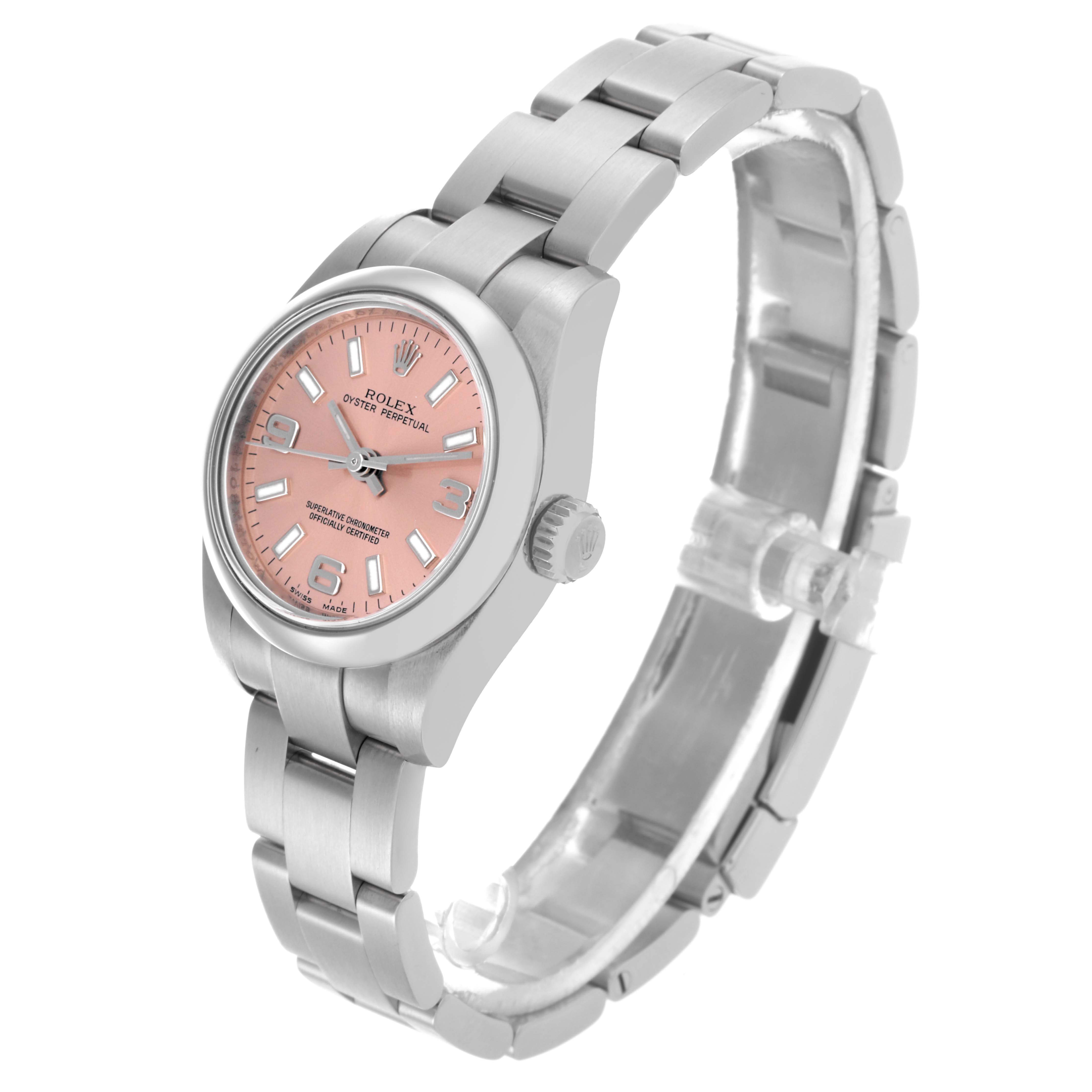The Rolex Oyster Perpetual 176200 Women's Stainless Steel Pink Dial 176200 Women's Stainless Steel Pink Dial watch is shown at a side angle, featuring its pink dial, crown, and silver bracelet.