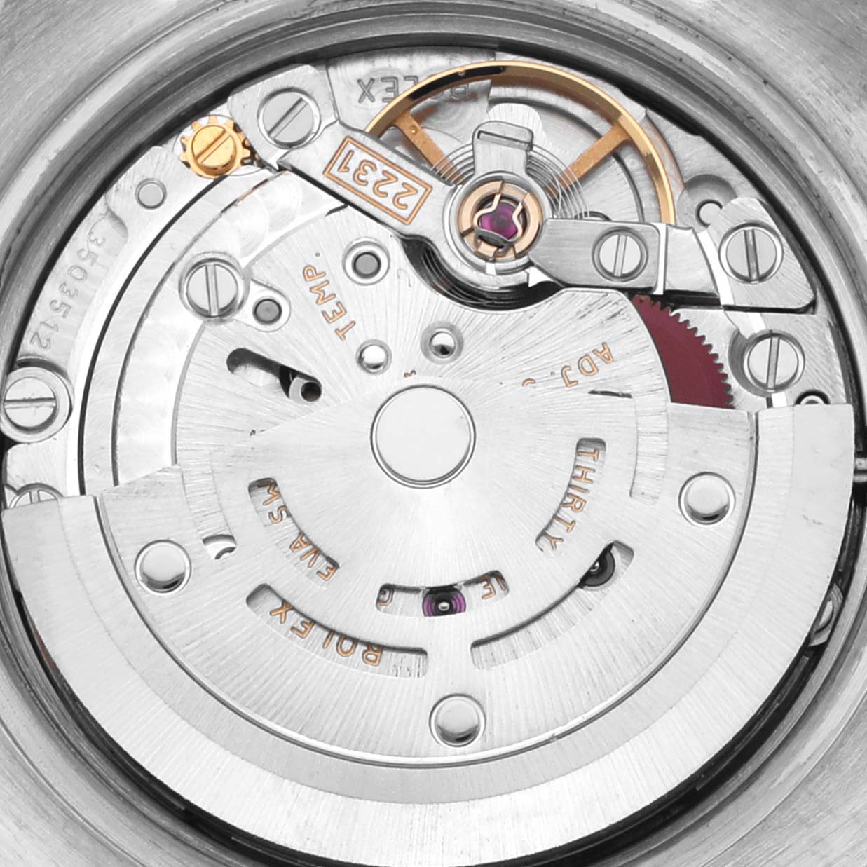 The image shows the intricate internal mechanism of a Rolex Oyster Perpetual 176200 Women's Stainless Steel Pink Dial 176200 Women's Stainless Steel Pink Dial movement from a top-down angle.