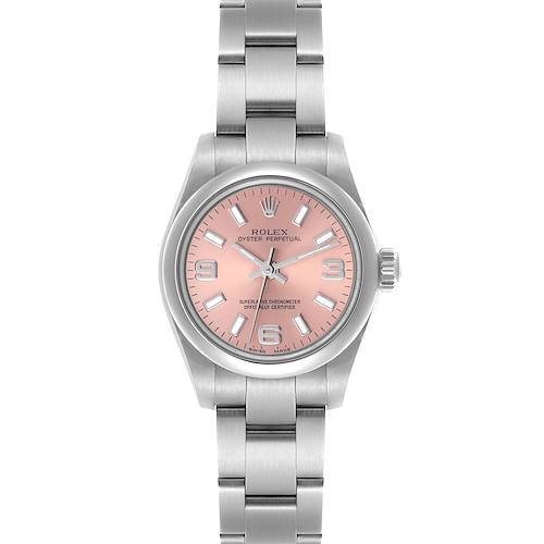 The Rolex Oyster Perpetual watch is shown from the front, displaying its pink dial, stainless steel case, and bracelet.