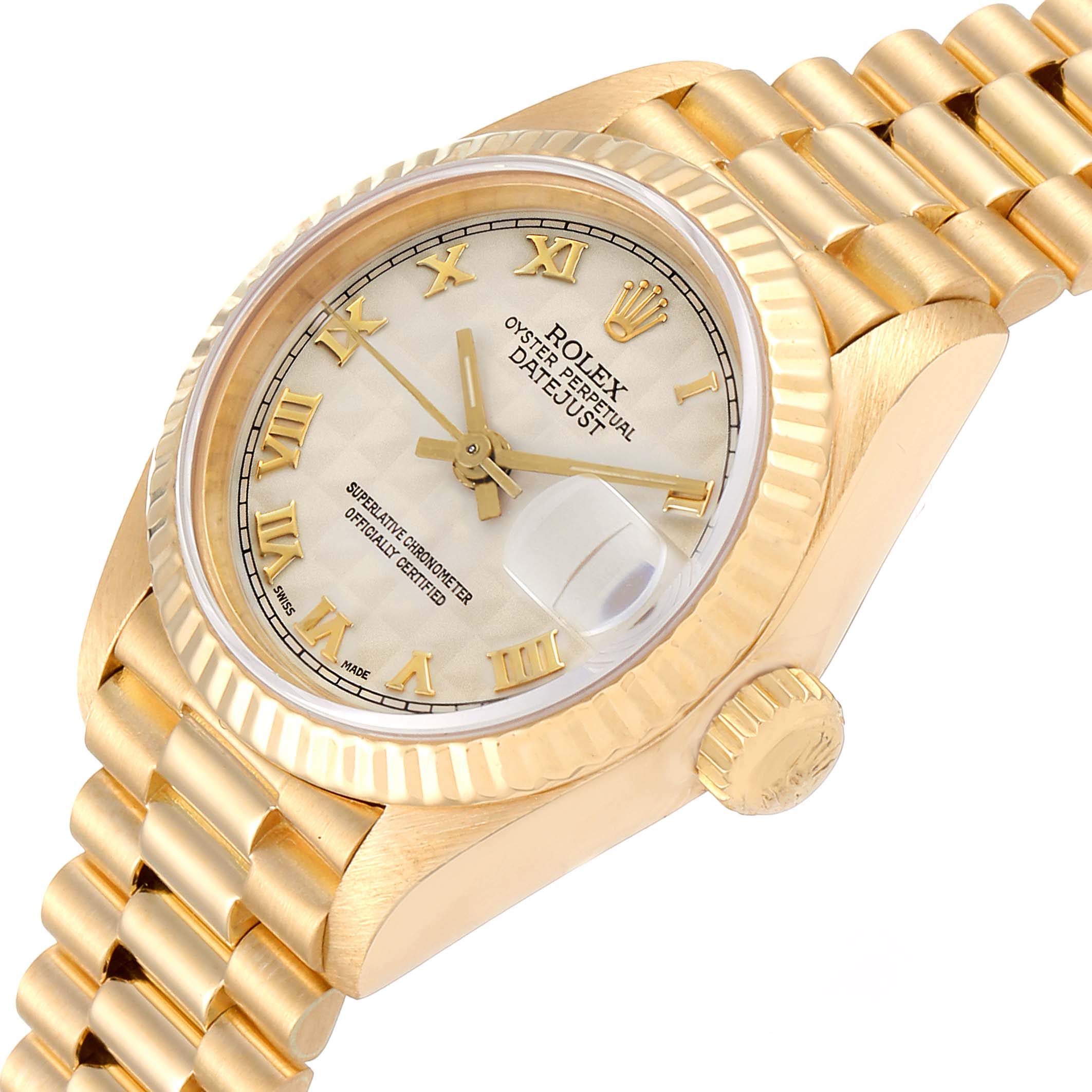 The image shows a close-up, angled view of the Rolex President 69178 Women's Yellow Gold Beige Dial 69178 Women's Yellow Gold Beige Dial model watch, highlighting the dial face, band, crown, and date window.