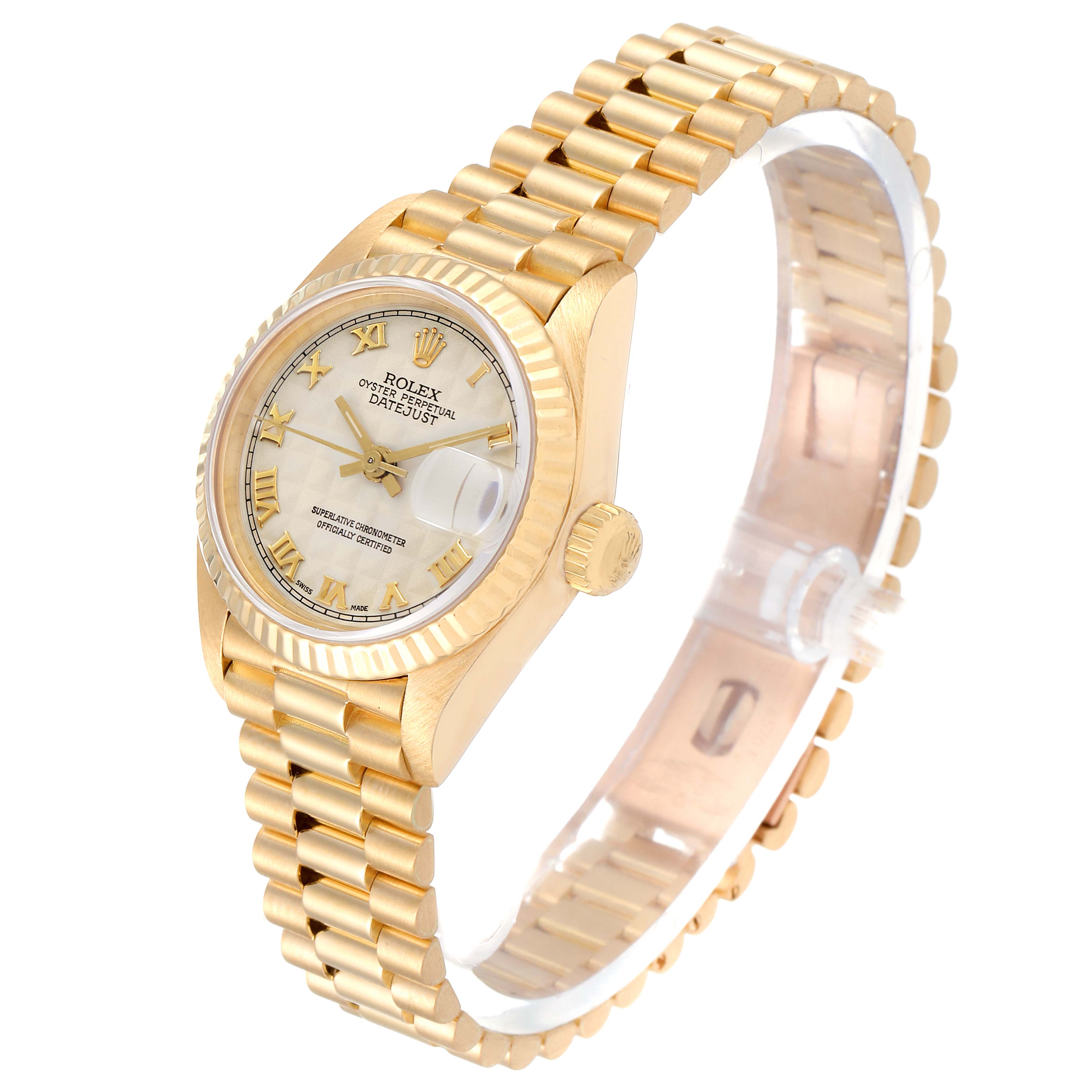 The image shows a Rolex President 69178 Women's Yellow Gold Beige Dial 69178 Women's Yellow Gold Beige Dial model watch at a 3/4 angle, displaying the face, crown, and bracelet.