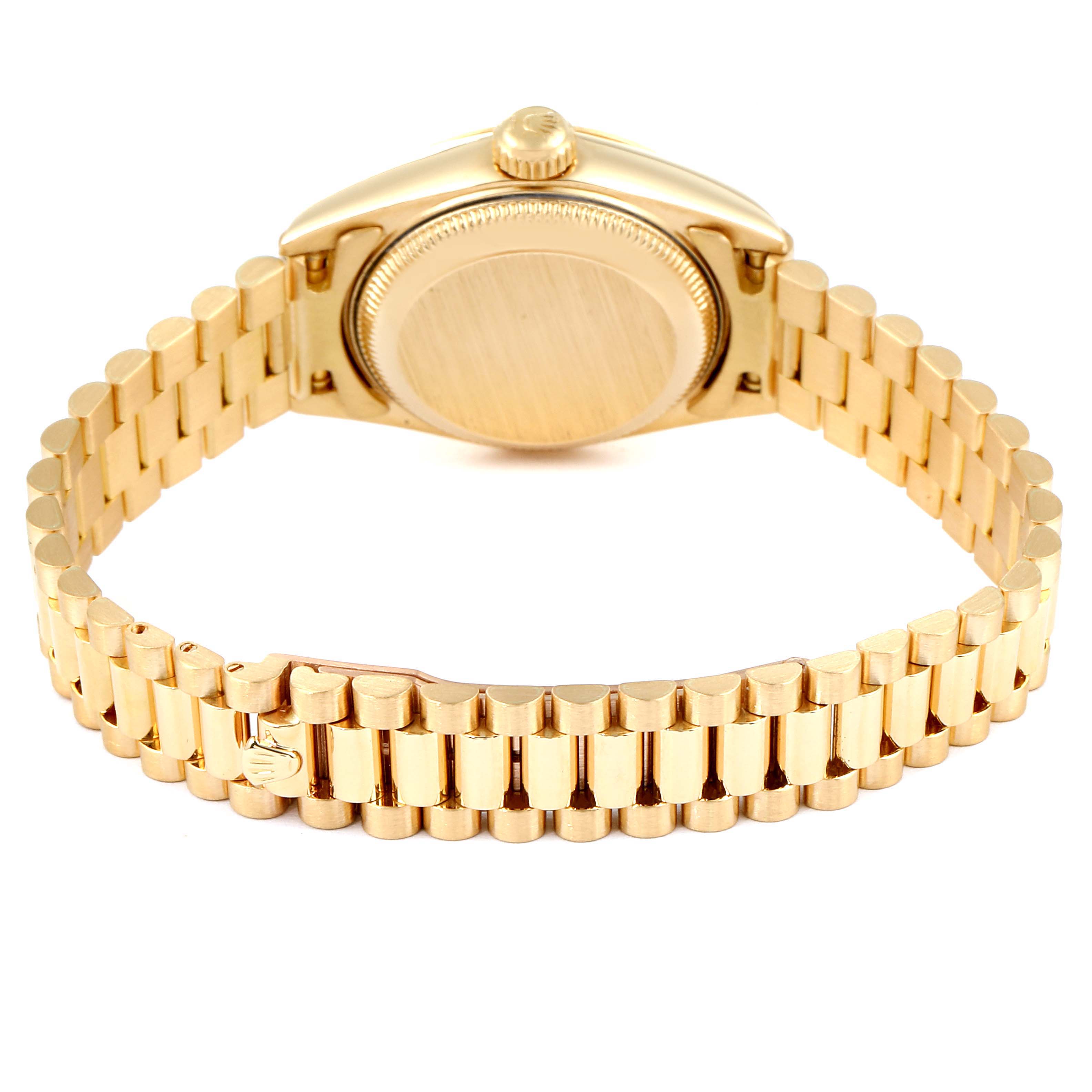 This image shows the backside and bracelet of a Rolex President 69178 Women's Yellow Gold Beige Dial 69178 Women's Yellow Gold Beige Dial model watch.