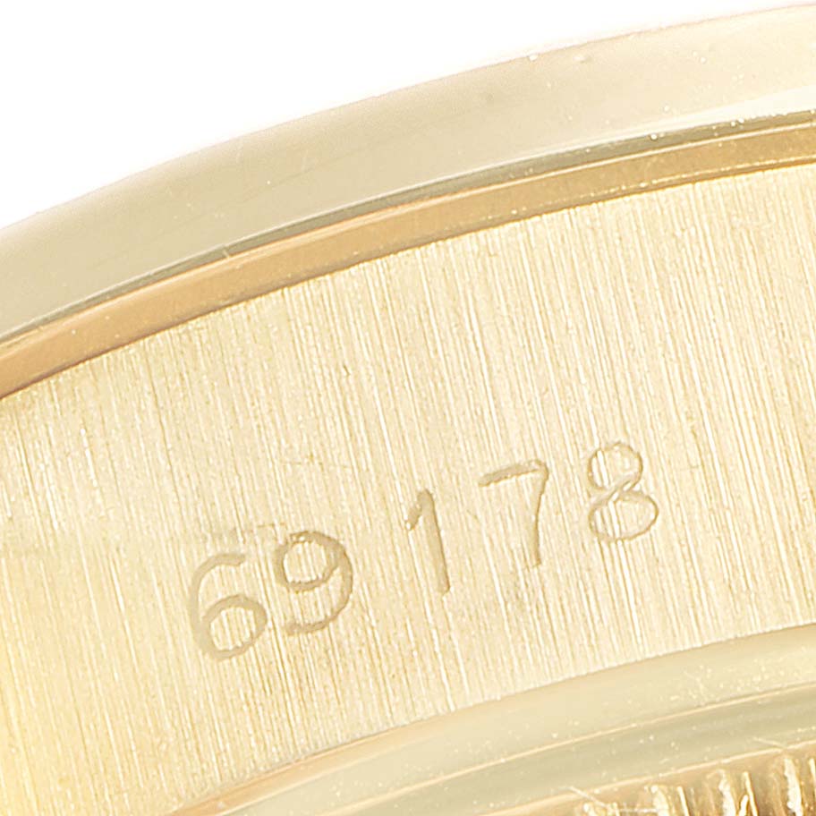 The image shows a close-up of the model number engraving on the case back of a Rolex President 69178 Women's Yellow Gold Beige Dial 69178 Women's Yellow Gold Beige Dial watch.
