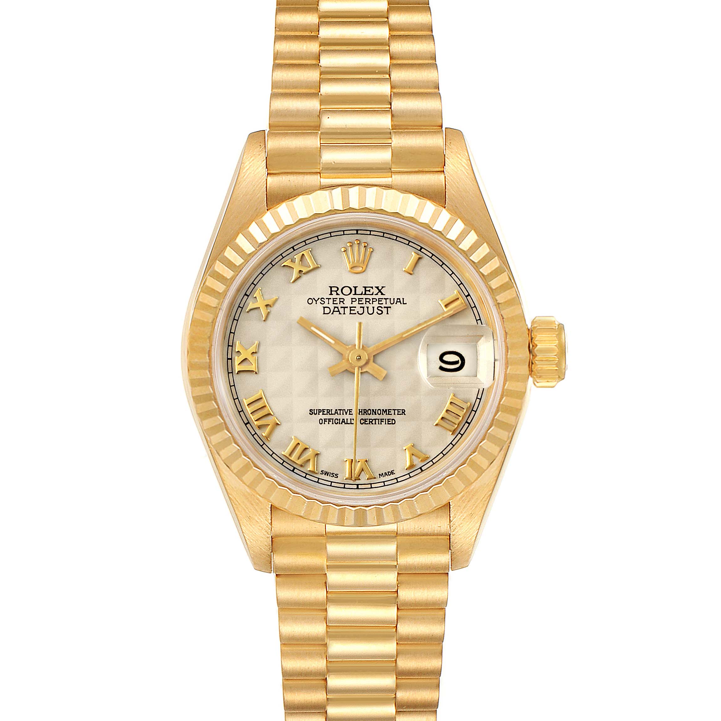 The Rolex President 69178 Women's Yellow Gold Beige Dial 69178 Women's Yellow Gold Beige Dial model watch is shown from the front, displaying its gold bracelet, fluted bezel, white dial, and date window.