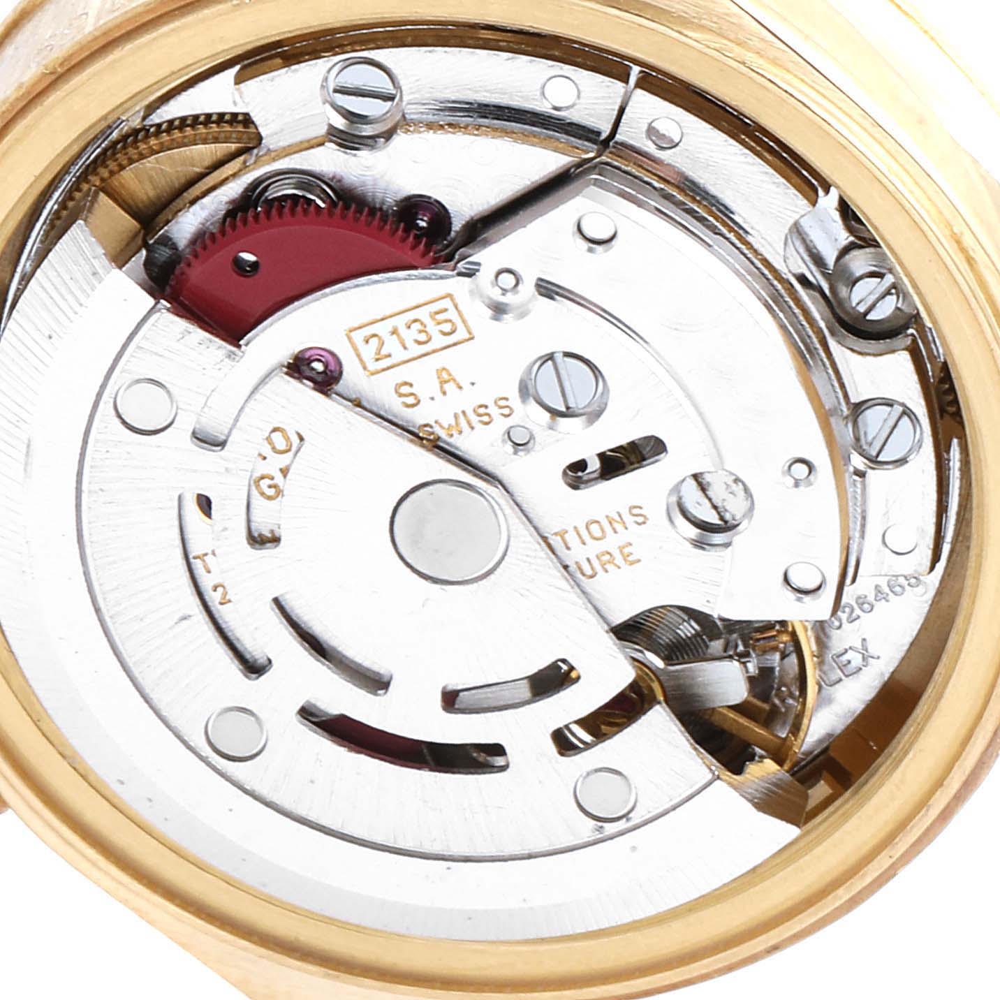 This image shows the intricate internal mechanics of the Rolex President 69178 Women's Yellow Gold Beige Dial 69178 Women's Yellow Gold Beige Dial model watch from the back angle.