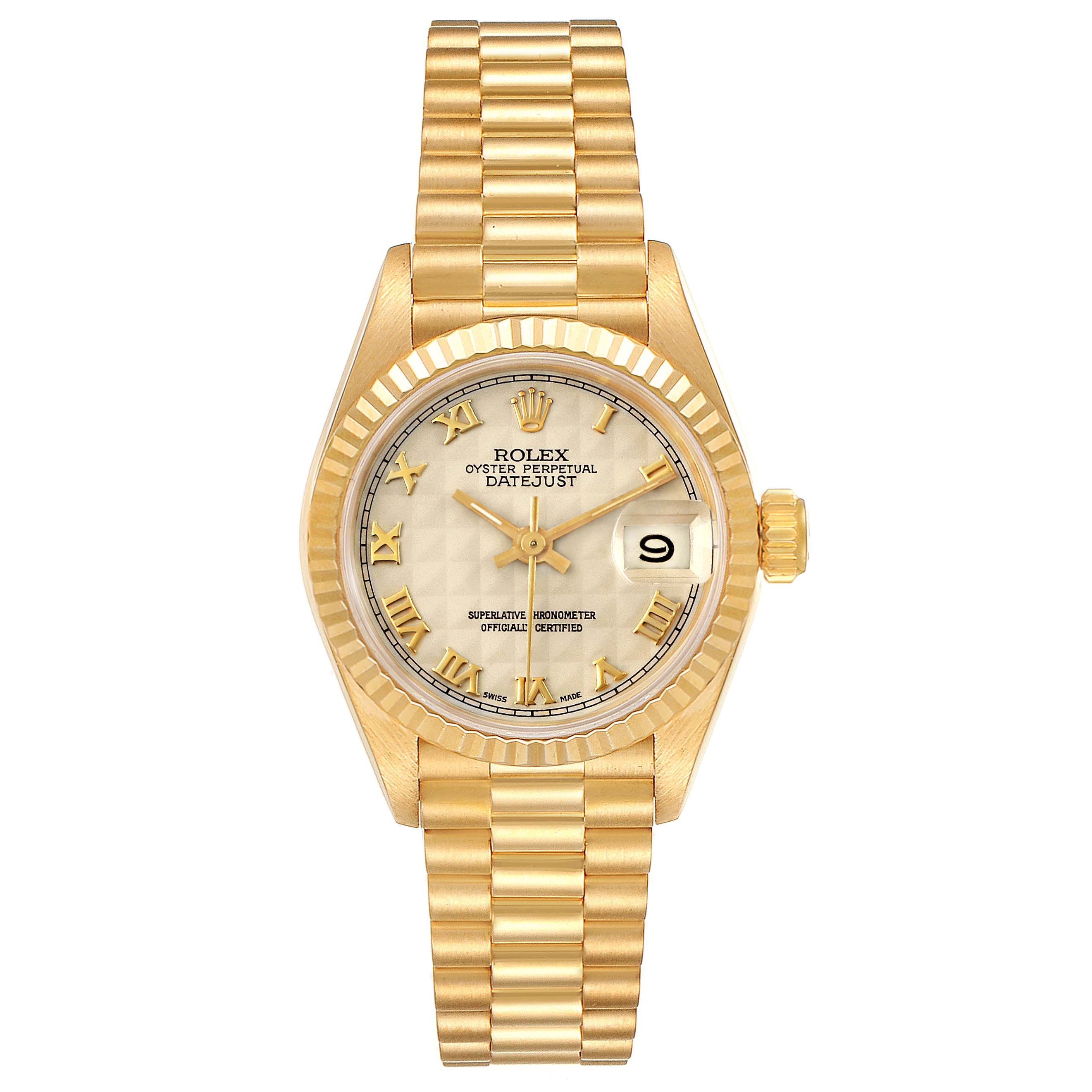 The image shows a Rolex President 69178 Women's Yellow Gold Beige Dial 69178 Women's Yellow Gold Beige Dial model watch from a front angle, highlighting its face, band, and crown.