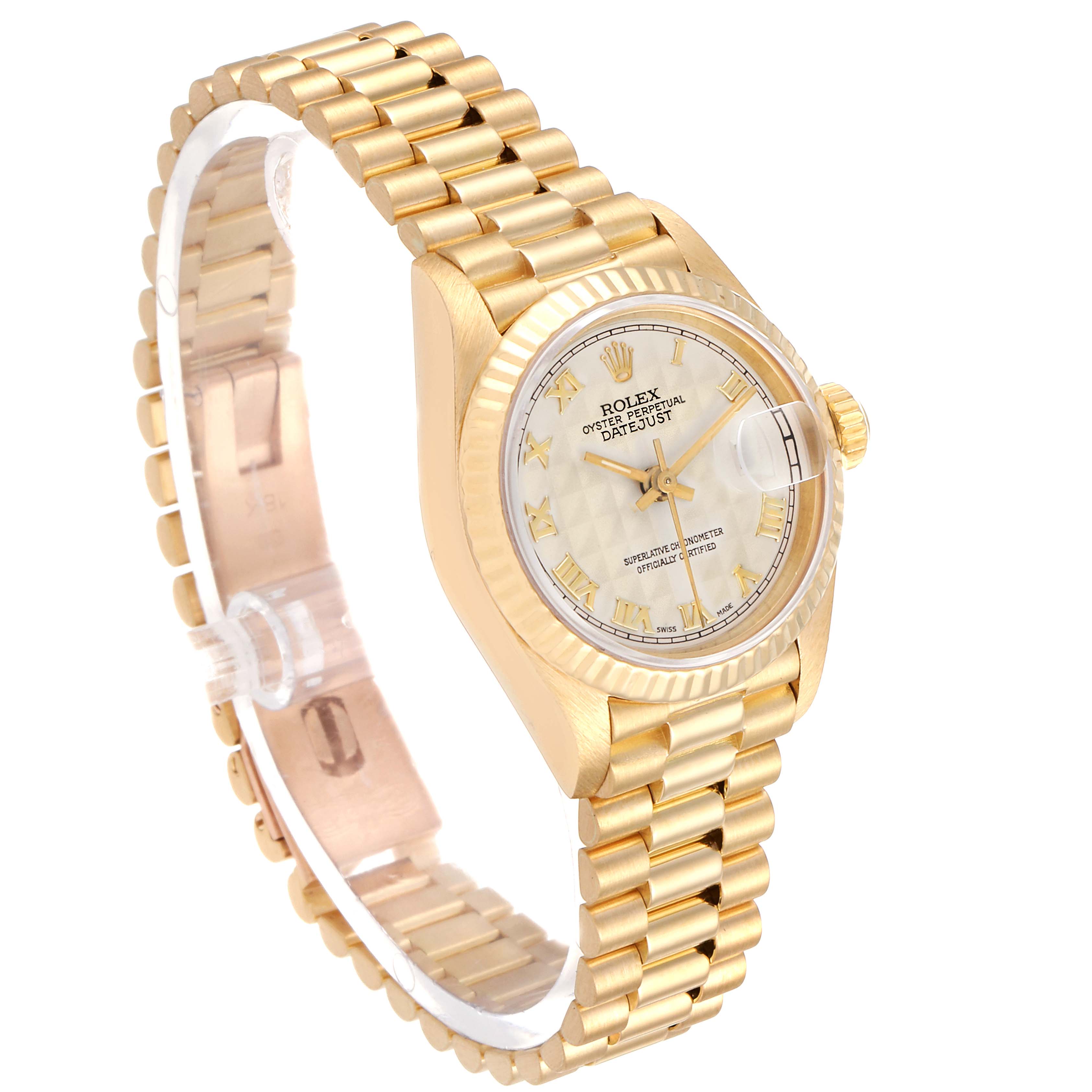 The image shows a Rolex President 69178 Women's Yellow Gold Beige Dial 69178 Women's Yellow Gold Beige Dial model watch at an angled view, displaying the face, bezel, crown, and part of the gold bracelet.