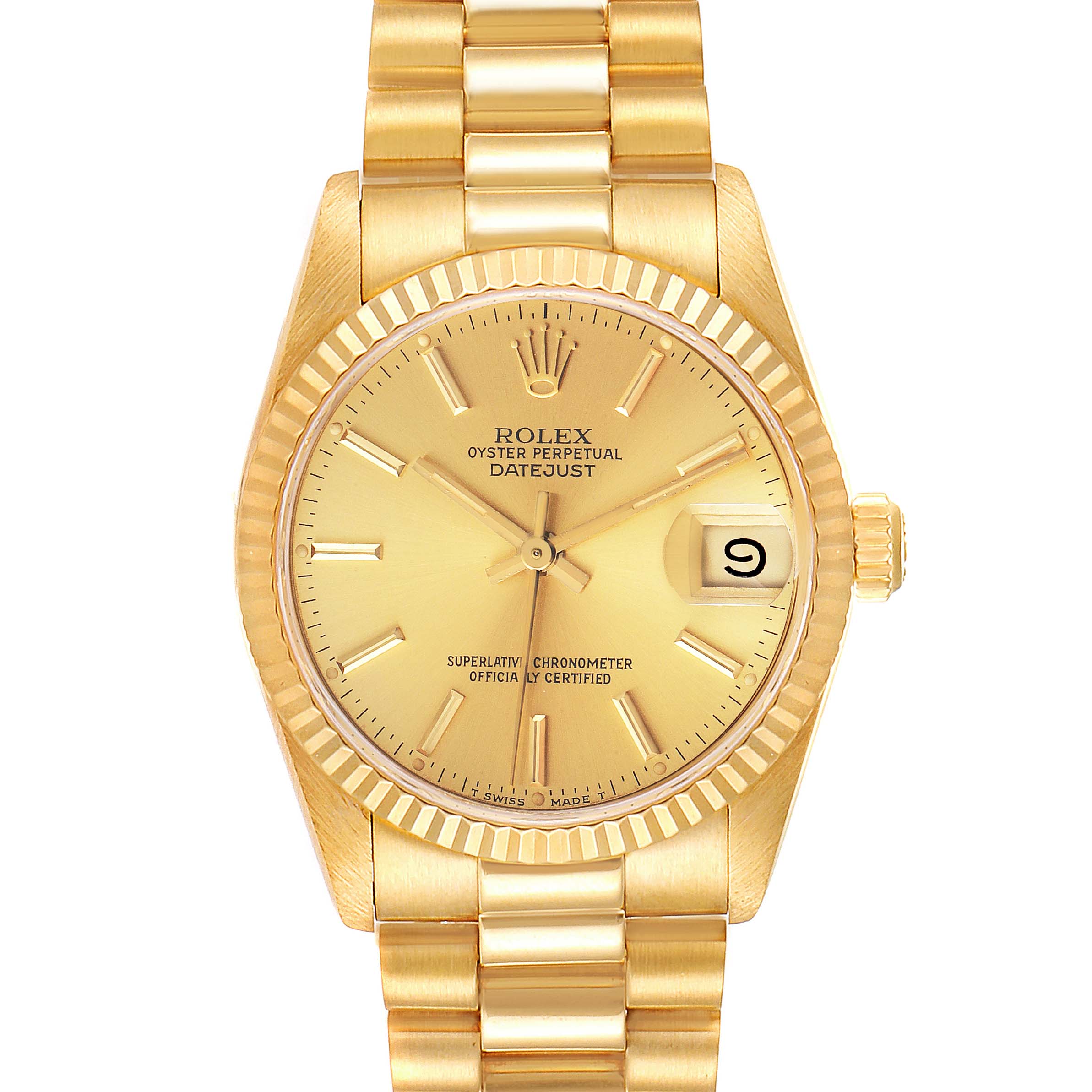 The Rolex Oyster Perpetual Datejust President model is shown from a front angle, displaying the gold dial, bracelet, and date window.