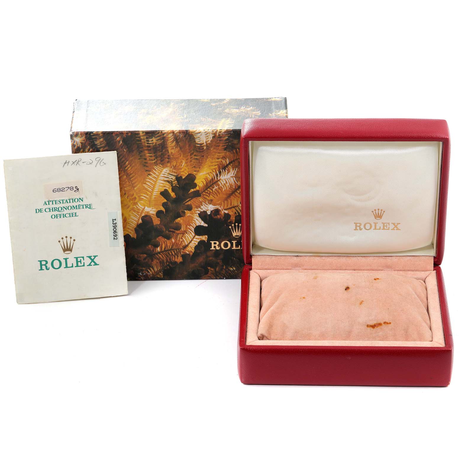 The image shows an open Rolex President 68278 Women
s Yellow Gold Champagne Dial 68278 Women
s Yellow Gold Champagne Dial watch box, an outer box, and paperwork.