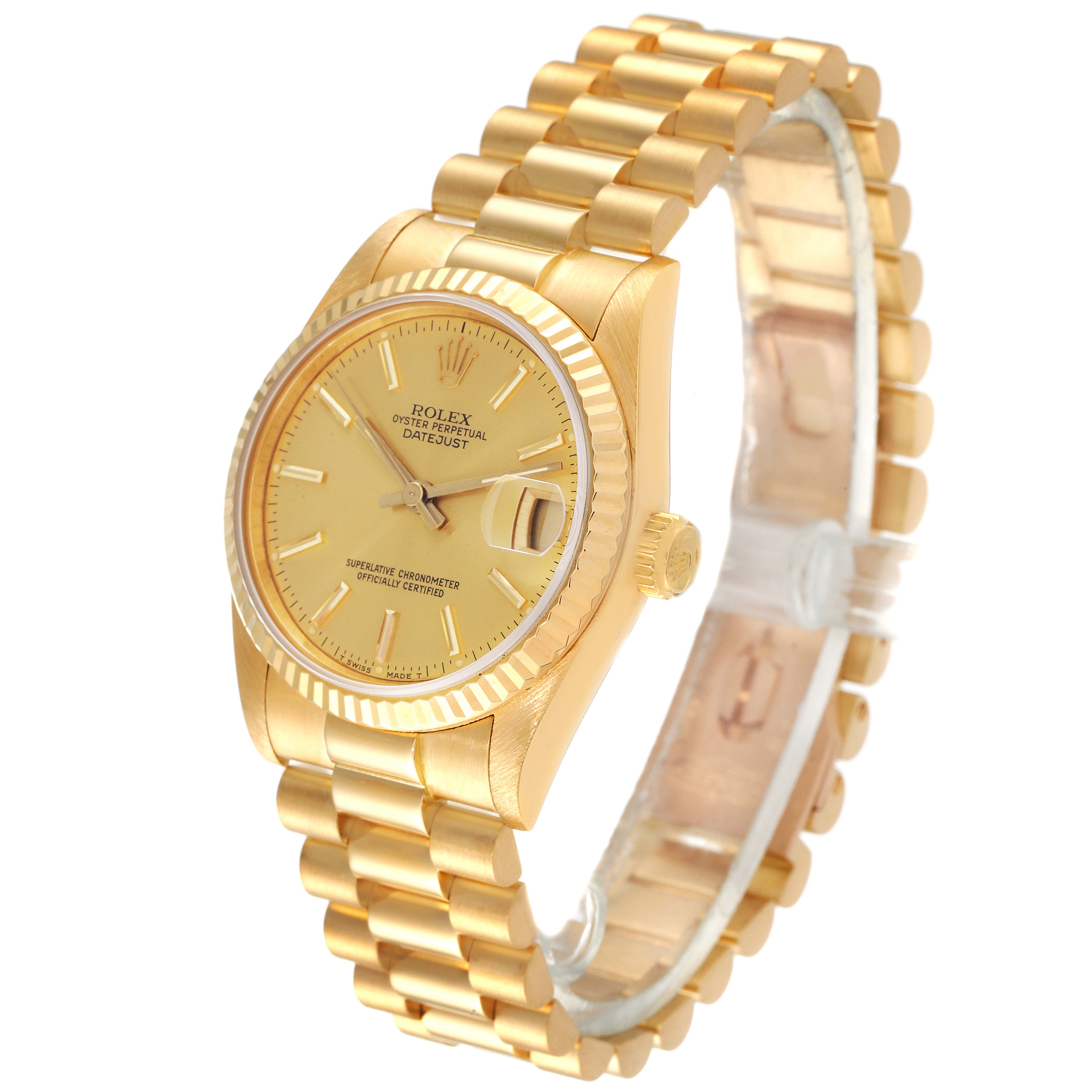 The image shows a Rolex President 68278 Women
s Yellow Gold Champagne Dial 68278 Women
s Yellow Gold Champagne Dial model watch at a three-quarter angle, displaying the dial, bezel, crown, and bracelet.
