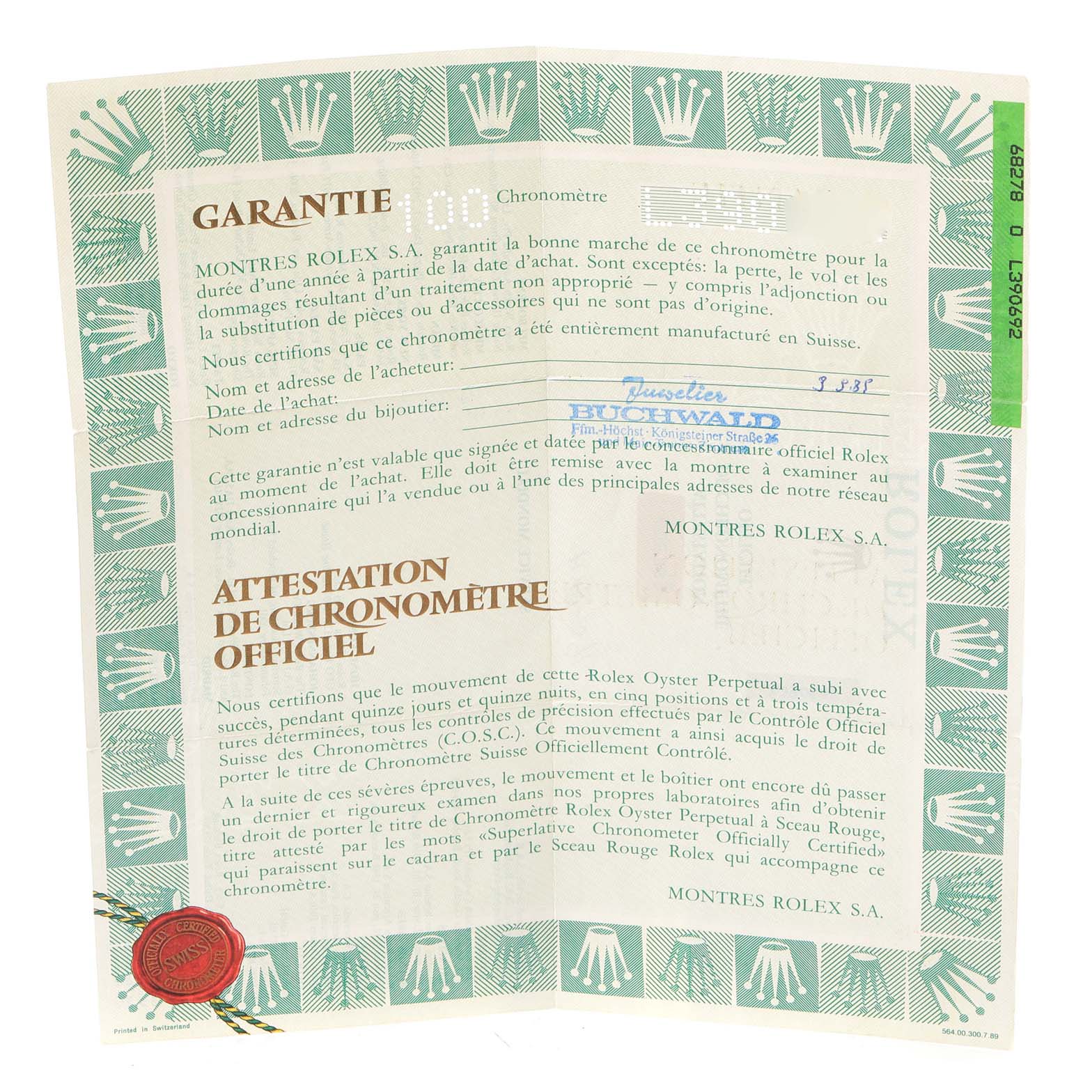 The image shows a Rolex warranty certificate for the President model, viewed straight-on.