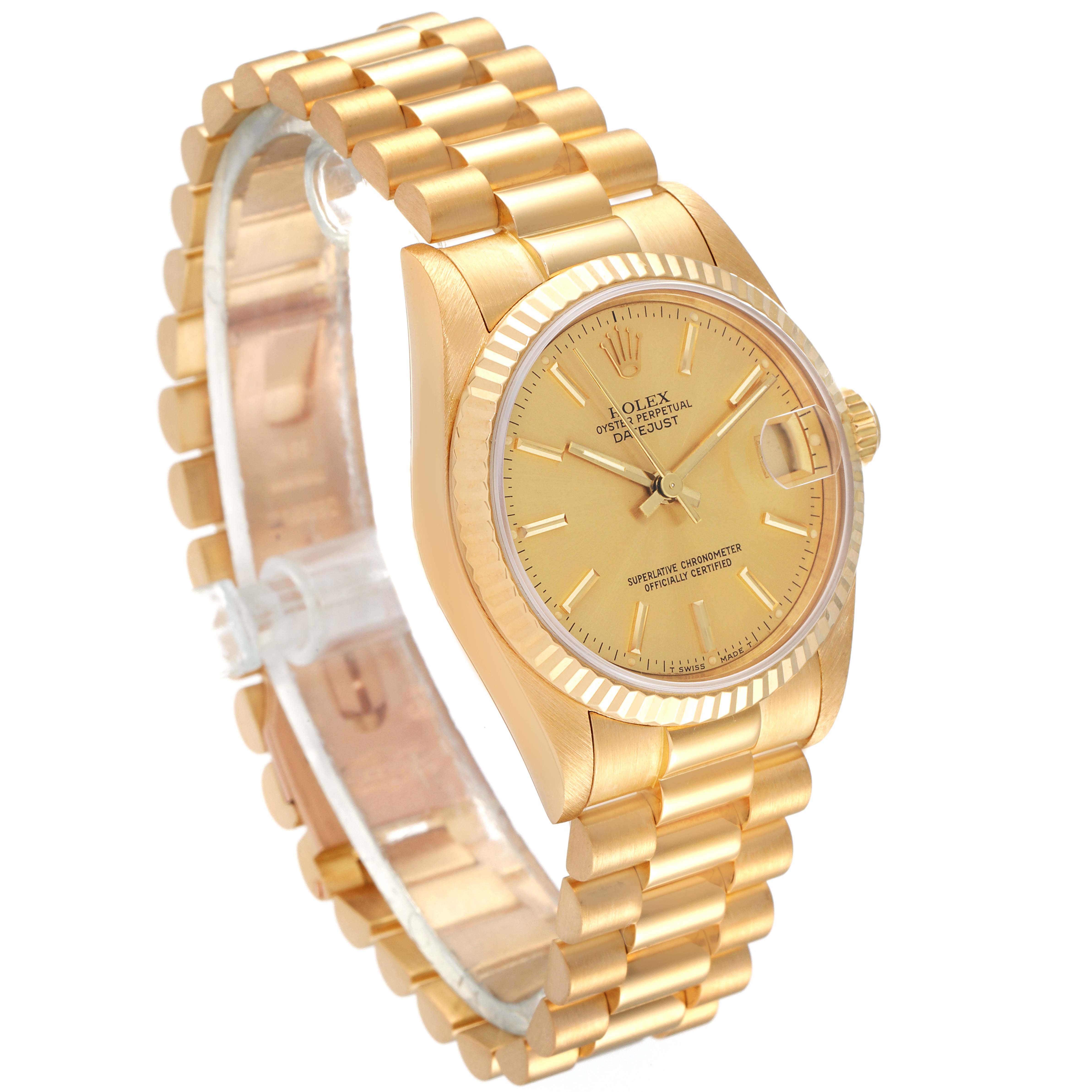 This image shows a Rolex President 68278 Women
s Yellow Gold Champagne Dial 68278 Women
s Yellow Gold Champagne Dial model watch from a side angle, highlighting the gold case, bezel, and bracelet.