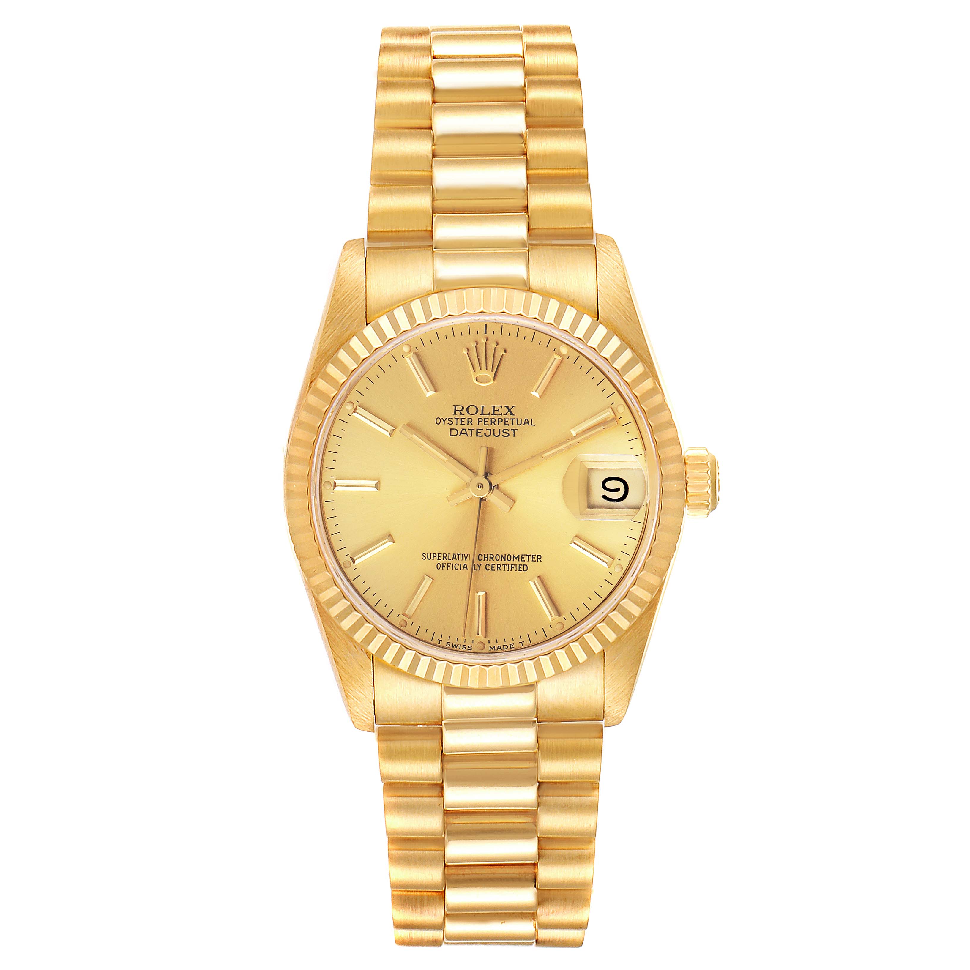 The image shows a frontal view of a Rolex President 68278 Women
s Yellow Gold Champagne Dial 68278 Women
s Yellow Gold Champagne Dial model watch, highlighting its golden dial, bracelet, and date window.