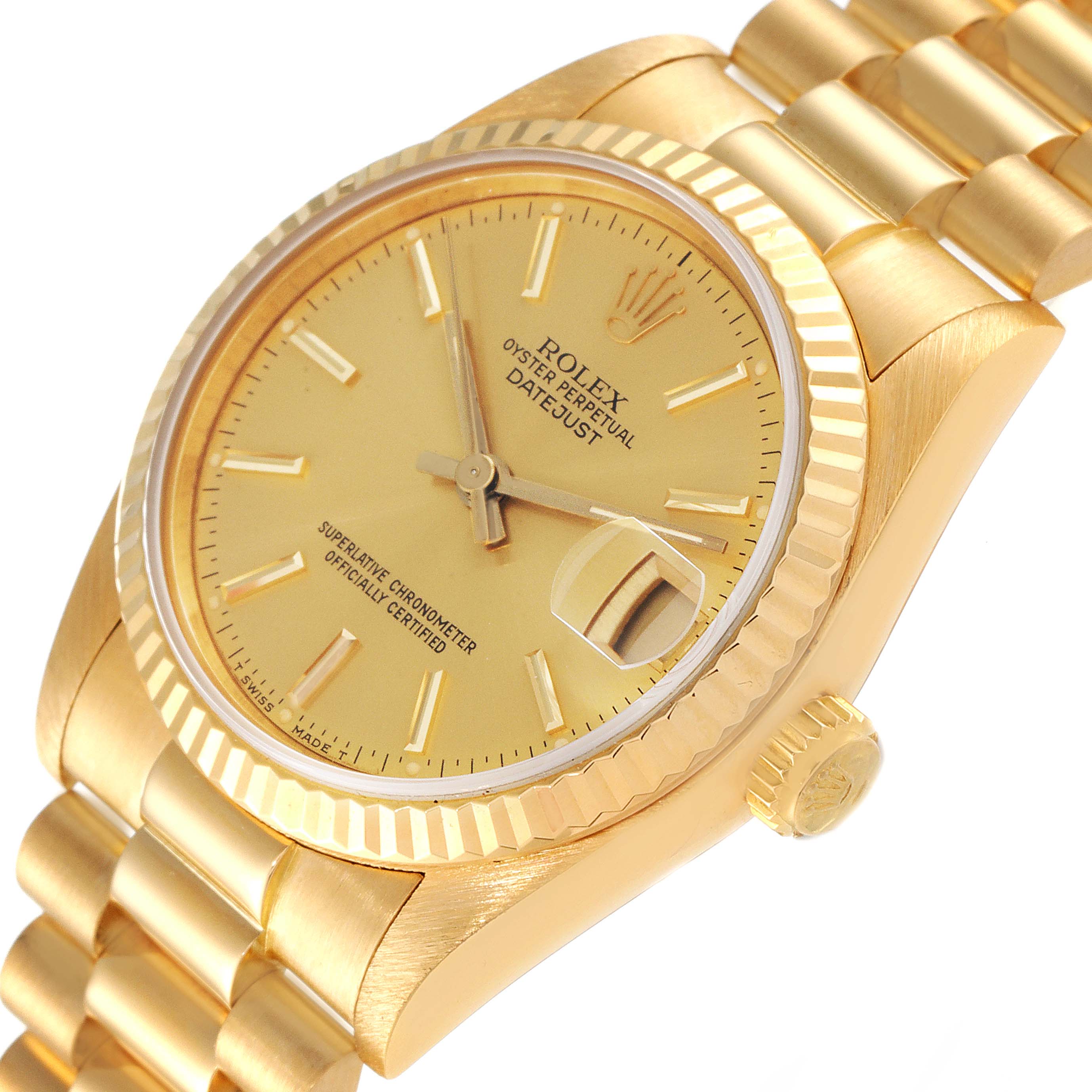 The Rolex President 68278 Women
s Yellow Gold Champagne Dial 68278 Women
s Yellow Gold Champagne Dial model watch is shown at an oblique angle, highlighting its gold dial, fluted bezel, and part of the bracelet.