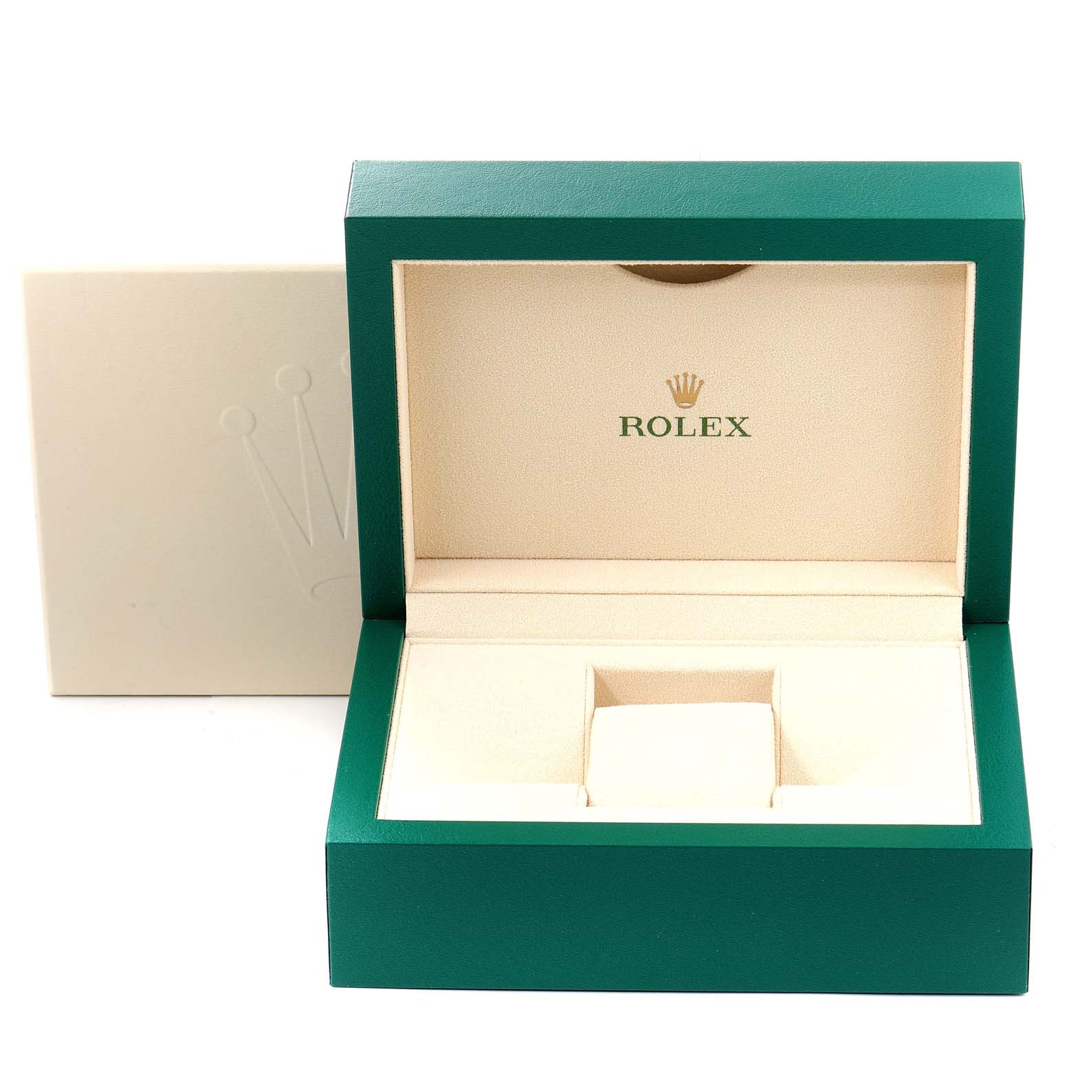 The image shows an open green and beige watch box for the Rolex President 178275 Women's Rose Gold Silver Dial 178275 Women's Rose Gold Silver Dial model, displaying its interior compartments.