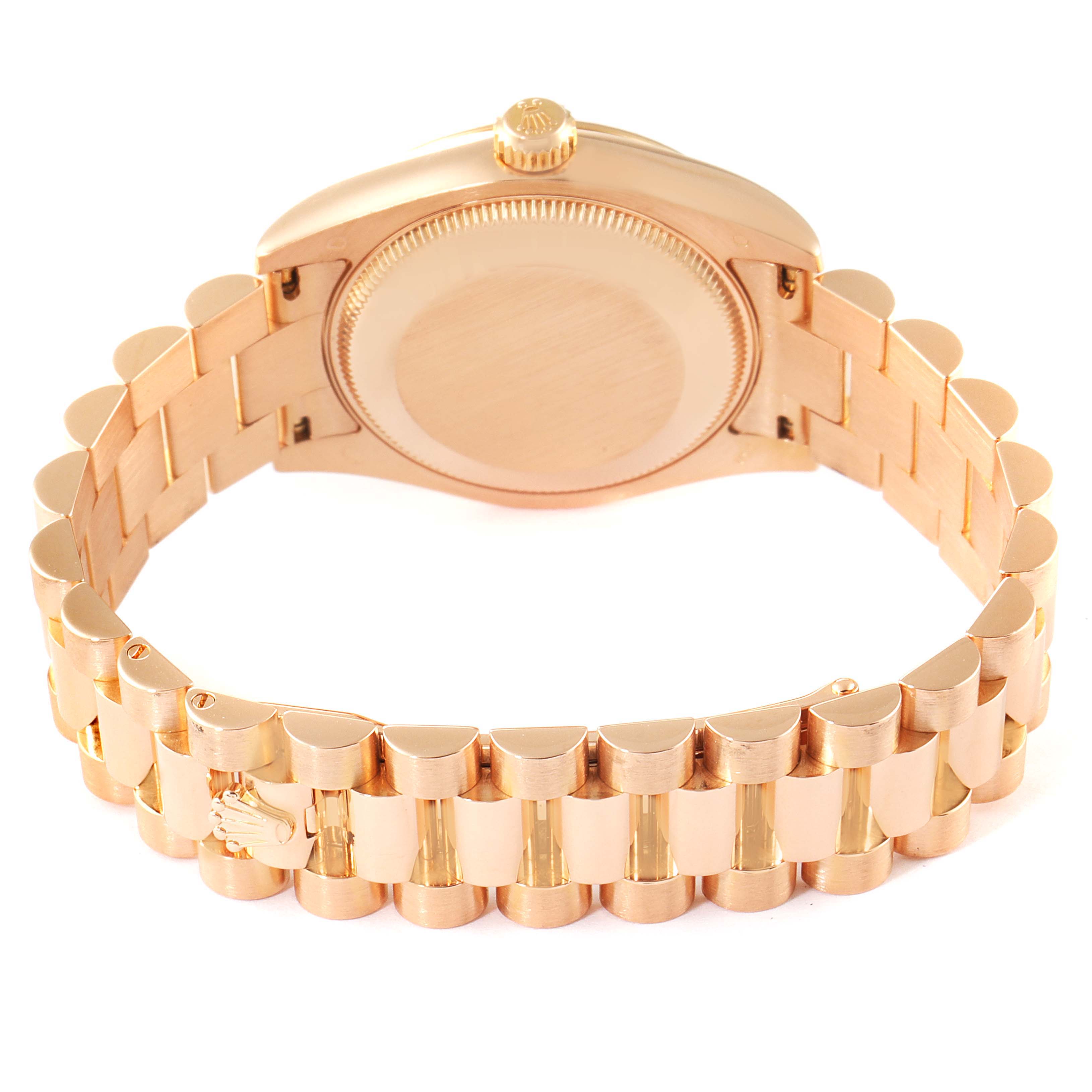 The image shows the back view of a Rolex President 178275 Women's Rose Gold Silver Dial 178275 Women's Rose Gold Silver Dial model watch, focusing on the caseback and the bracelet.