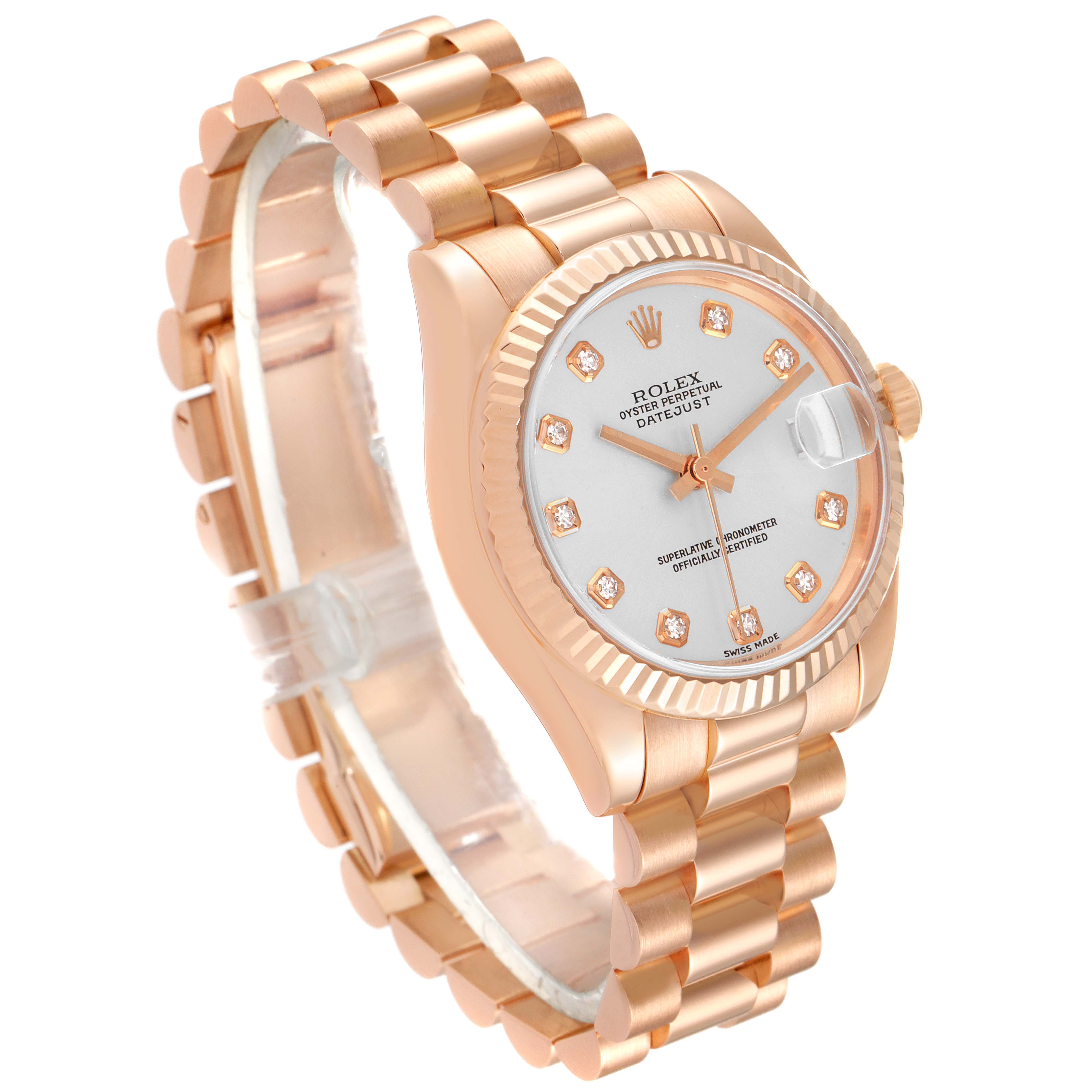 The Rolex President 178275 Women's Rose Gold Silver Dial 178275 Women's Rose Gold Silver Dial model watch is shown at an angled view displaying the dial, bezel, and bracelet.