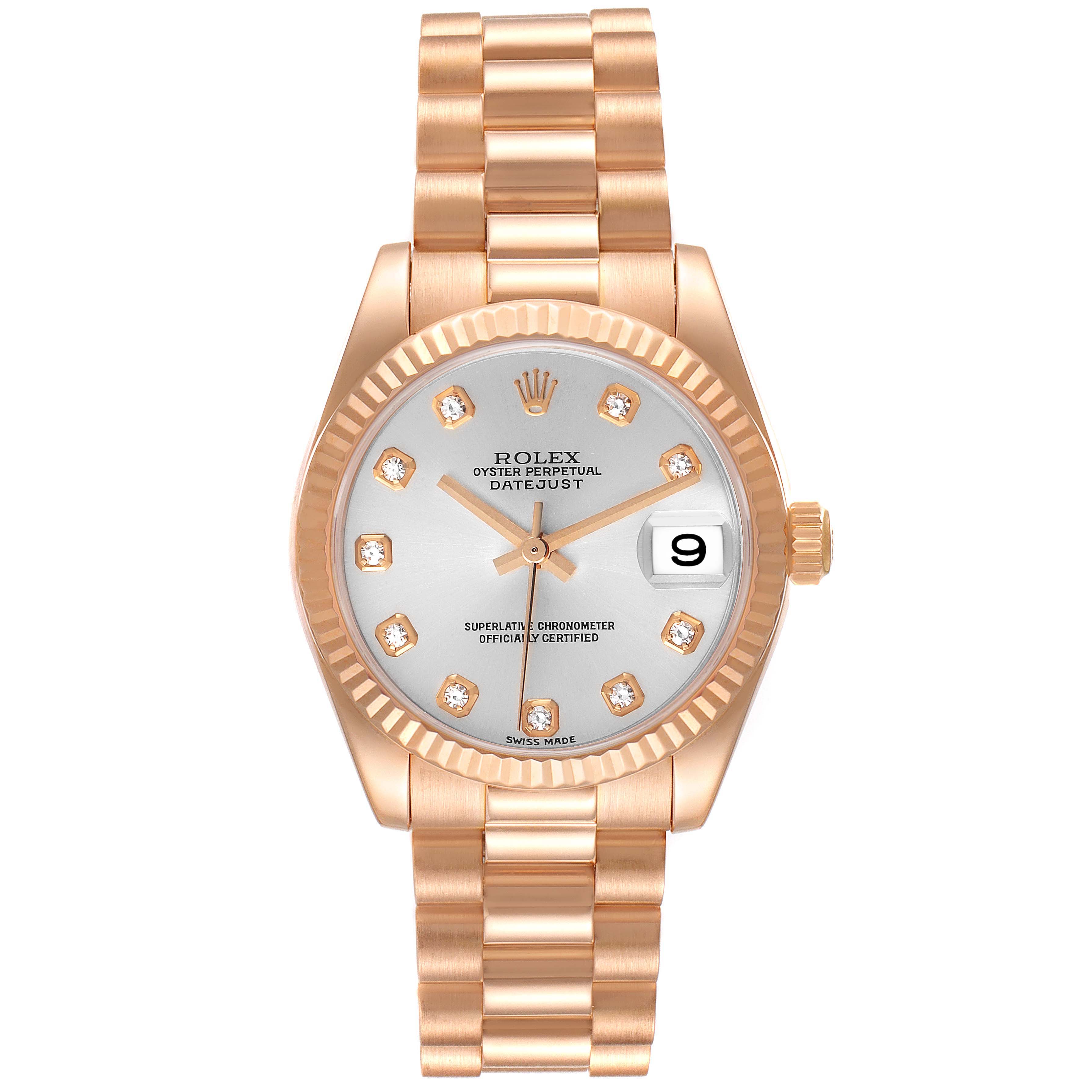 This image shows a front view of a Rolex President 178275 Women's Rose Gold Silver Dial 178275 Women's Rose Gold Silver Dial model watch with a fluted bezel and linked bracelet.