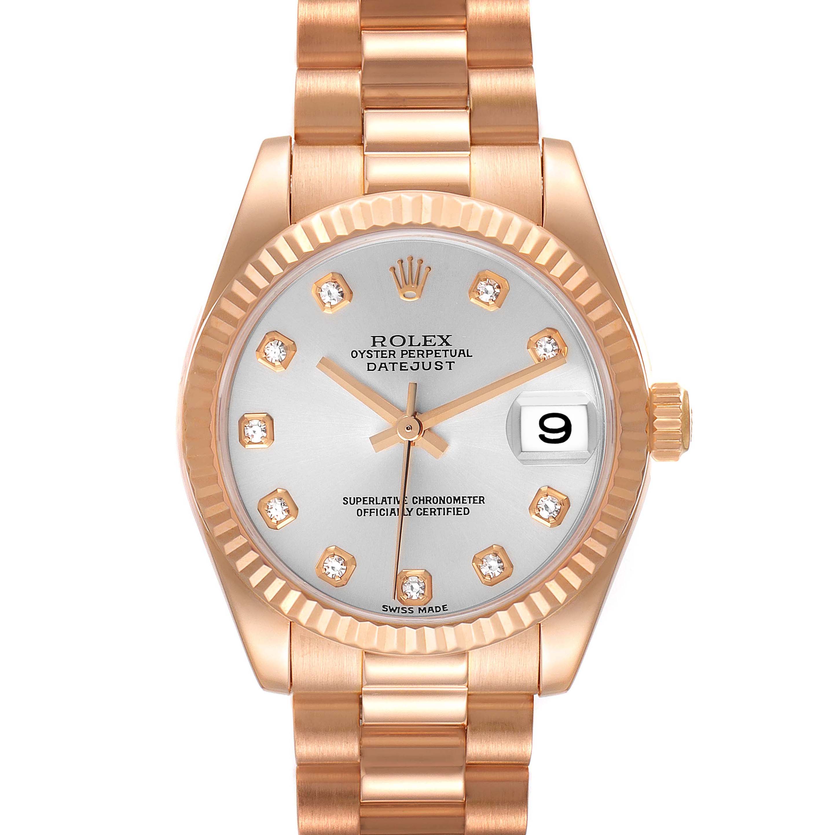 The image shows a front view of the Rolex President 178275 Women's Rose Gold Silver Dial 178275 Women's Rose Gold Silver Dial Datejust, highlighting its dial, bezel, crown, and bracelet.