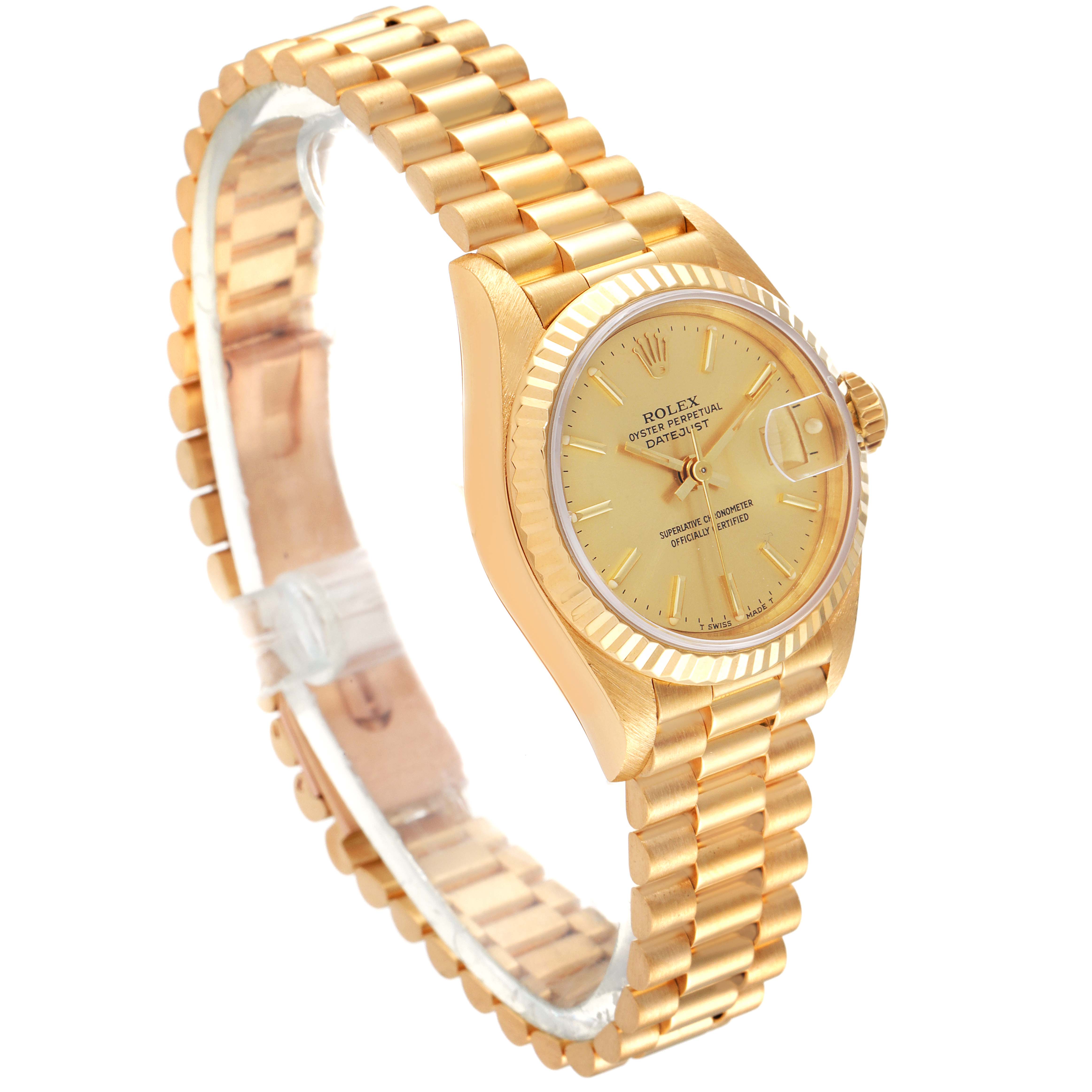 The image shows a side angle of the Rolex President 69178 Women's Yellow Gold Champagne Dial 69178 Women's Yellow Gold Champagne Dial model watch, displaying the dial, bezel, and bracelet.