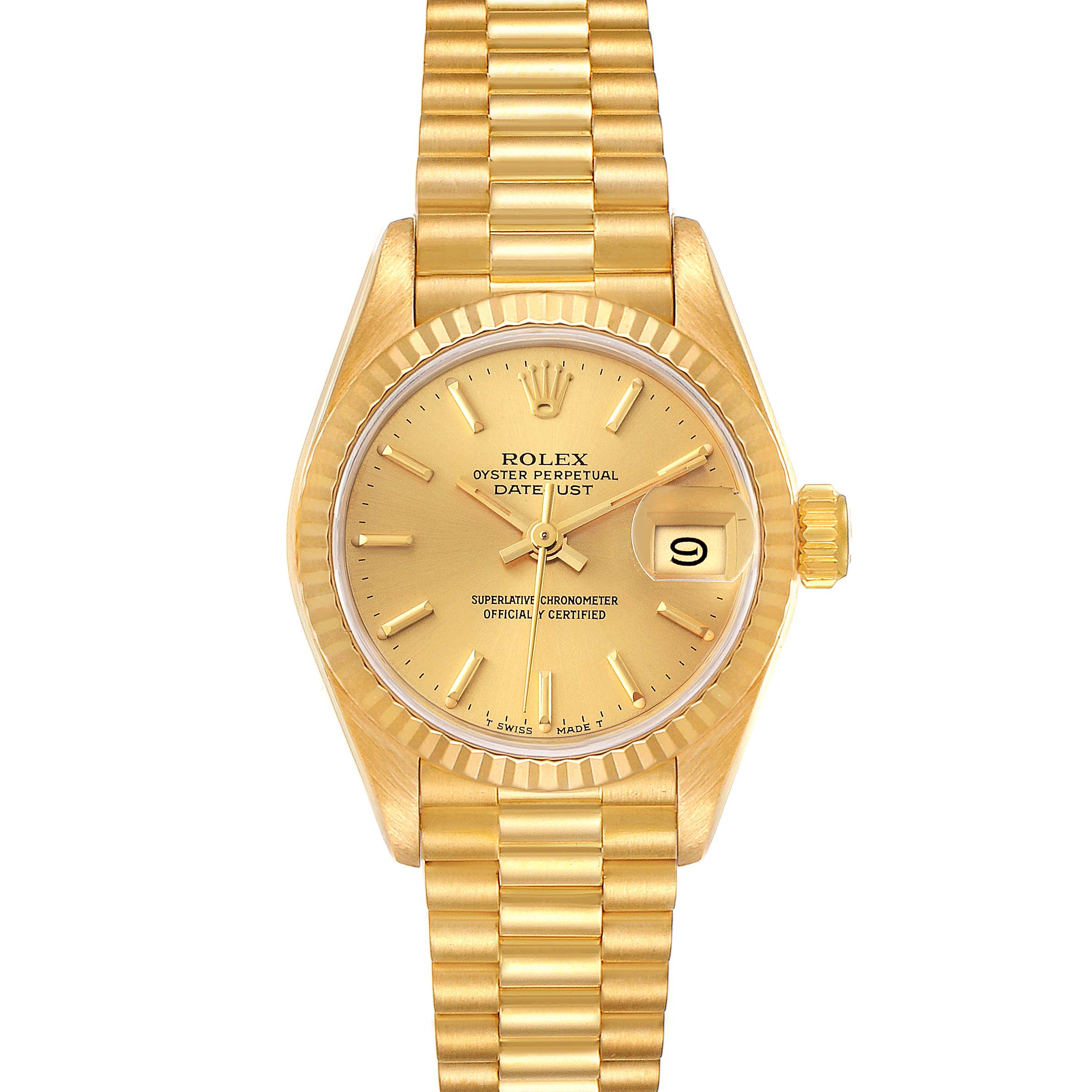 This image shows a full frontal view of a gold Rolex President 69178 Women's Yellow Gold Champagne Dial 69178 Women's Yellow Gold Champagne Dial model watch, highlighting its dial, bezel, crown, and bracelet.